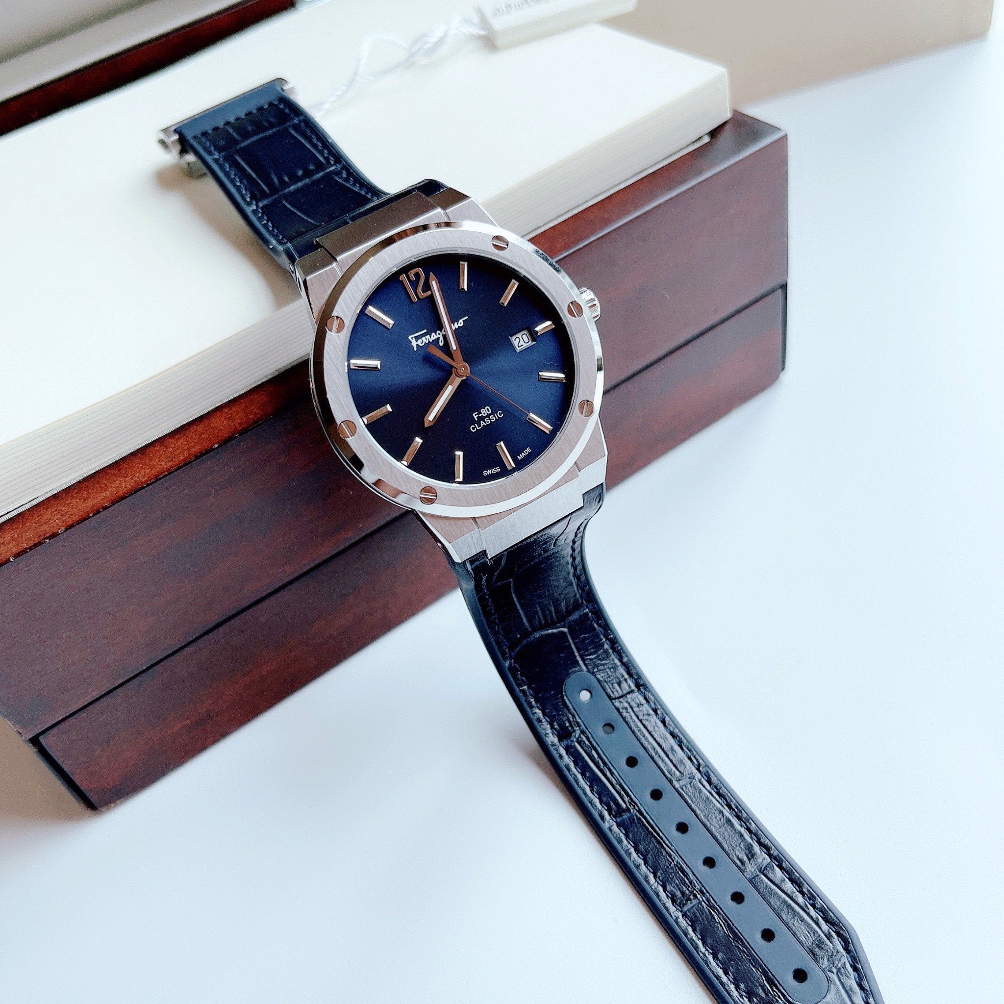Salvatore Ferragamo F-80 Classic Blue Dial Blue Leather Strap Watch for Men - SFDT00319 Watches Salvatore Ferragamo   