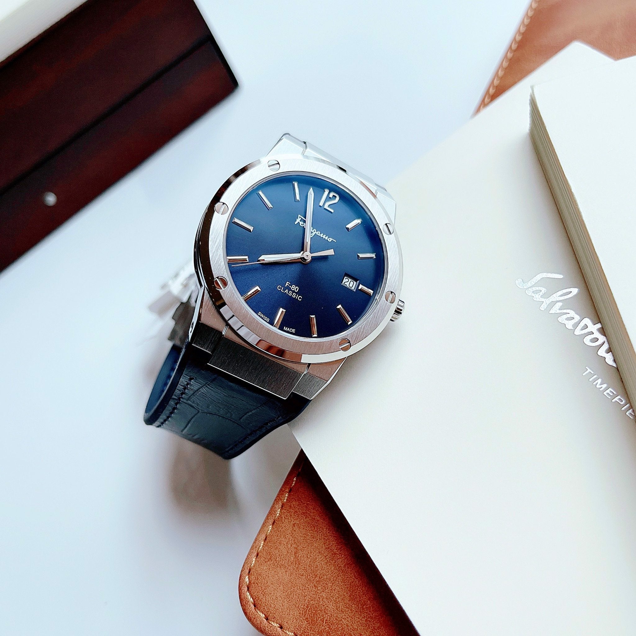 Salvatore Ferragamo F-80 Classic Blue Dial Blue Leather Strap Watch for Men - SFDT00319 Watches Salvatore Ferragamo   