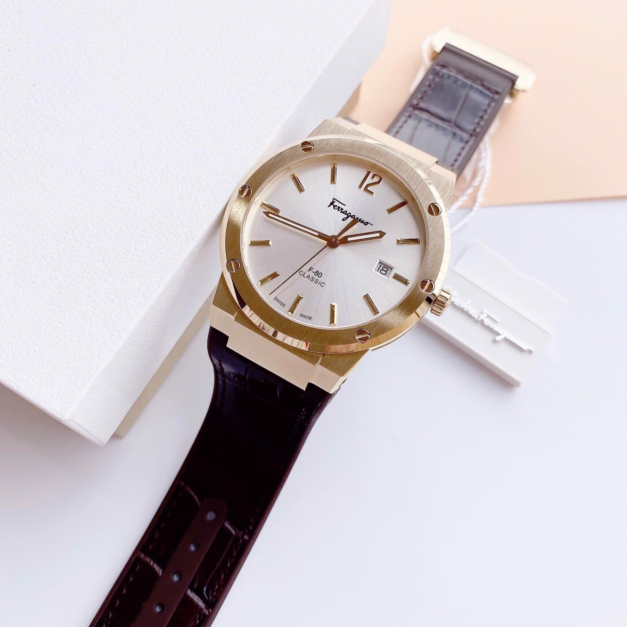Salvatore Ferragamo F-80 Classic Silver Dial Brown Leather Strap Watch for Men - SFDT00419 Watches Salvatore Ferragamo   