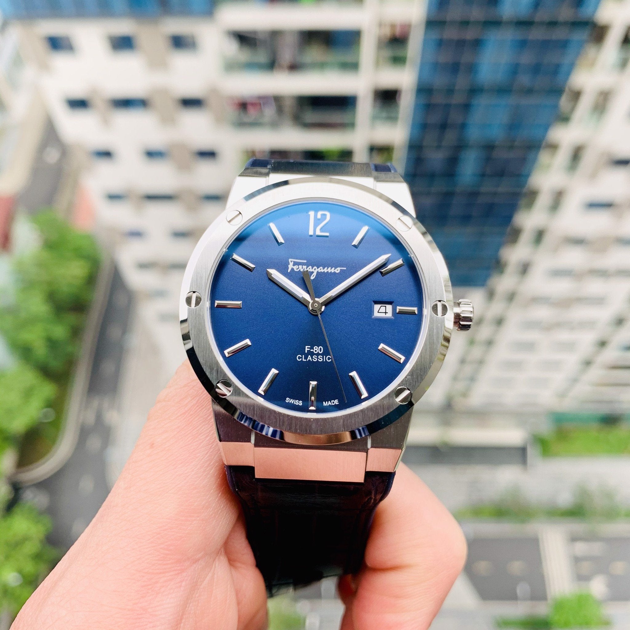 Salvatore Ferragamo F-80 Classic Blue Dial Blue Leather Strap Watch for Men - SFDT00319 Watches Salvatore Ferragamo   