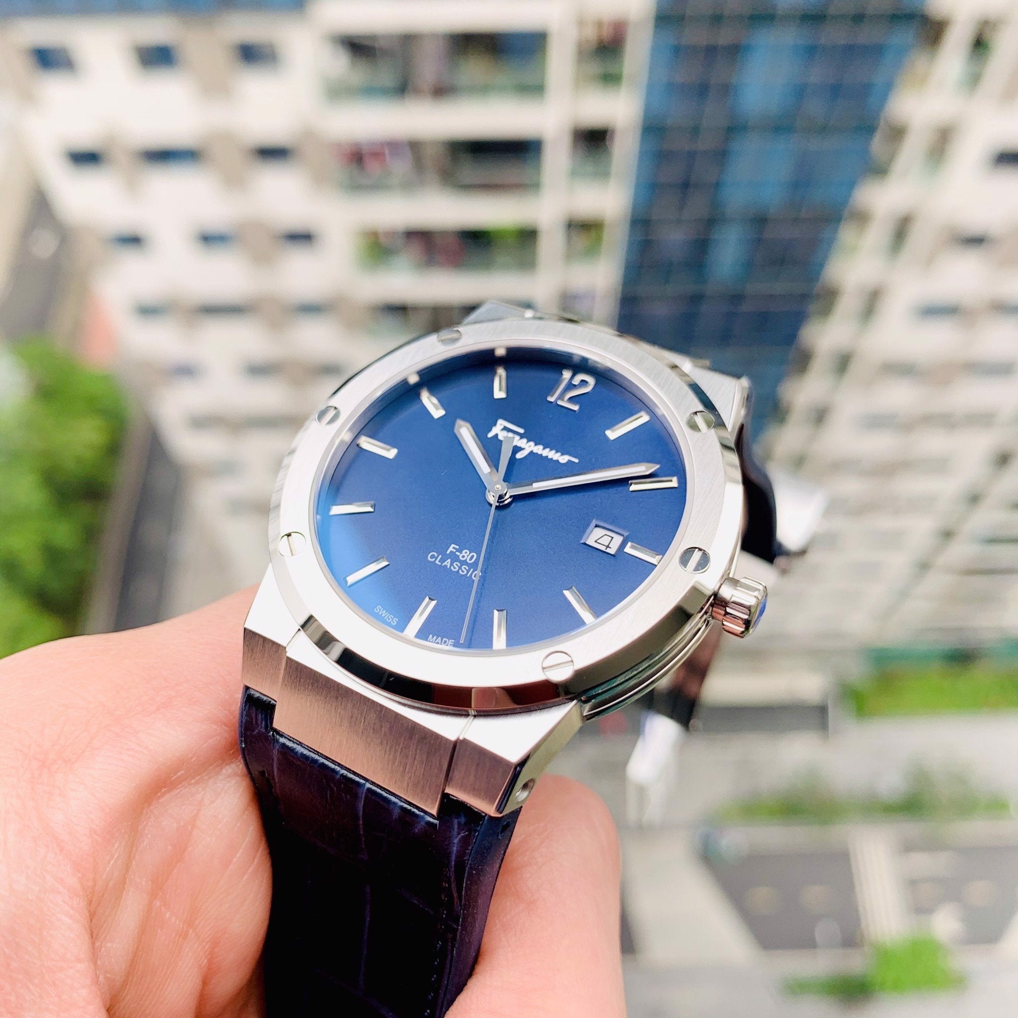 Salvatore Ferragamo F-80 Classic Blue Dial Blue Leather Strap Watch for Men - SFDT00319 Watches Salvatore Ferragamo   