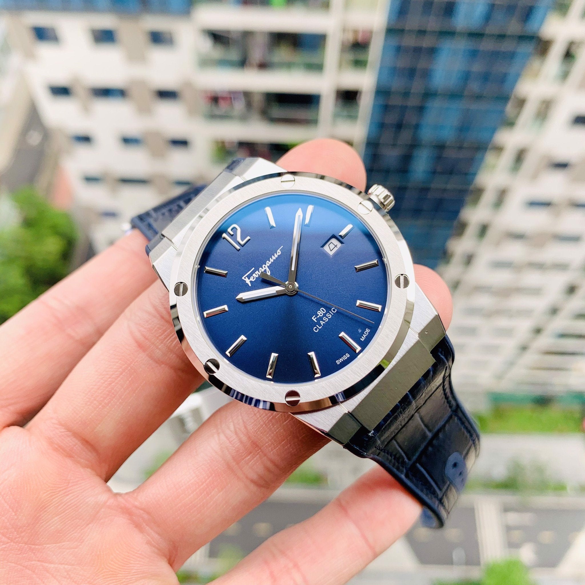Salvatore Ferragamo F-80 Classic Blue Dial Blue Leather Strap Watch for Men - SFDT00319 Watches Salvatore Ferragamo   