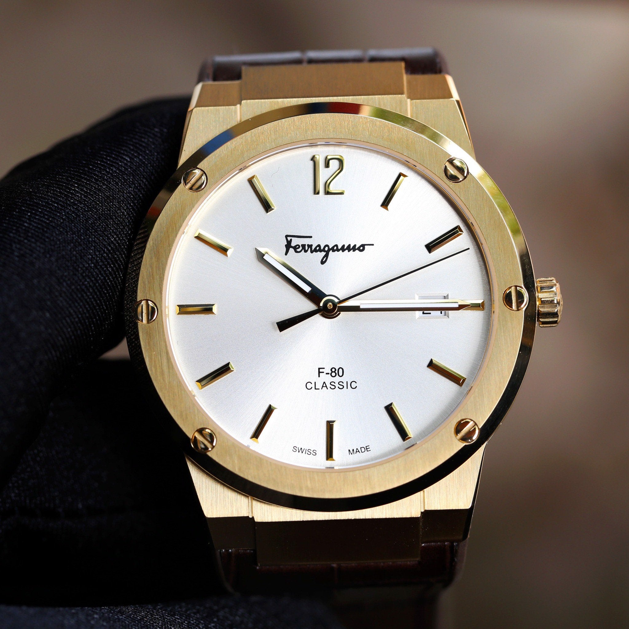 Salvatore Ferragamo F-80 Classic Silver Dial Brown Leather Strap Watch for Men - SFDT00419 Watches Salvatore Ferragamo   