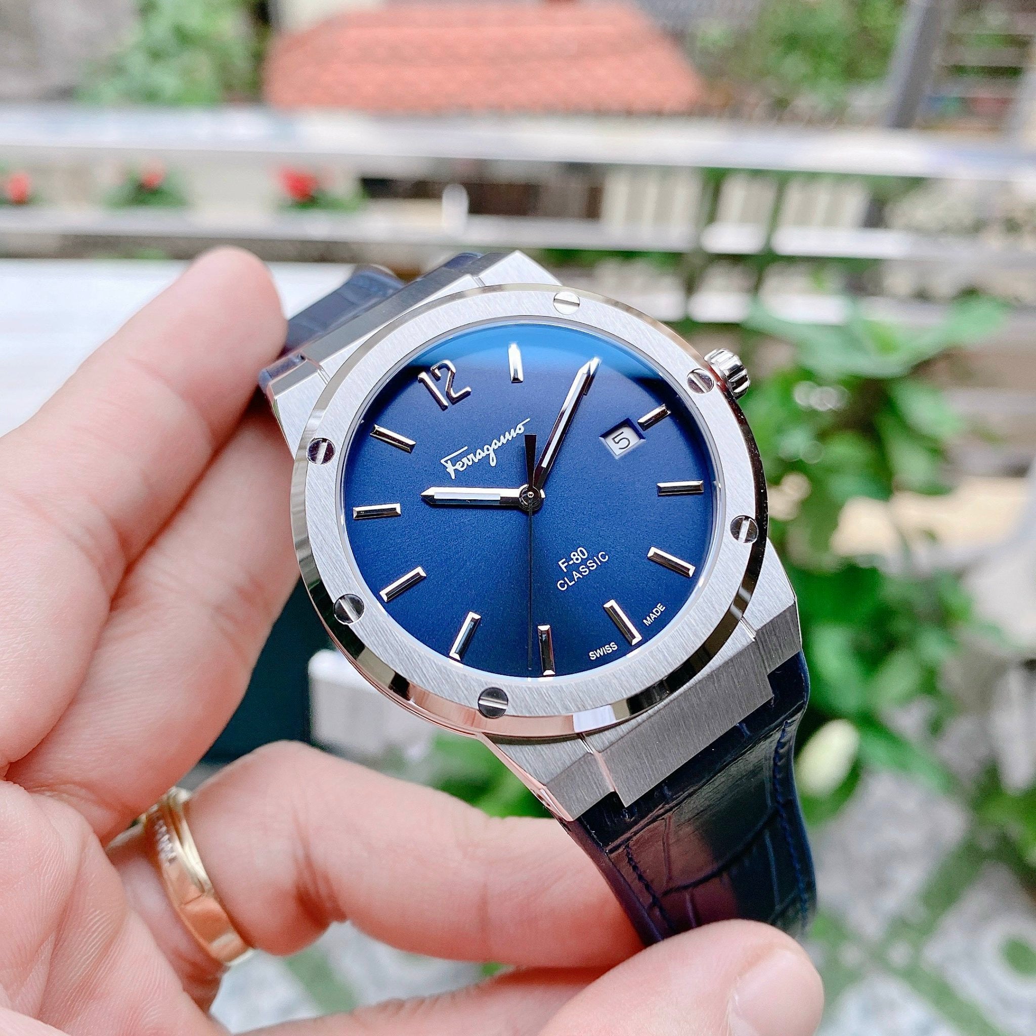 Salvatore Ferragamo F-80 Classic Blue Dial Blue Leather Strap Watch for Men - SFDT00319 Watches Salvatore Ferragamo   