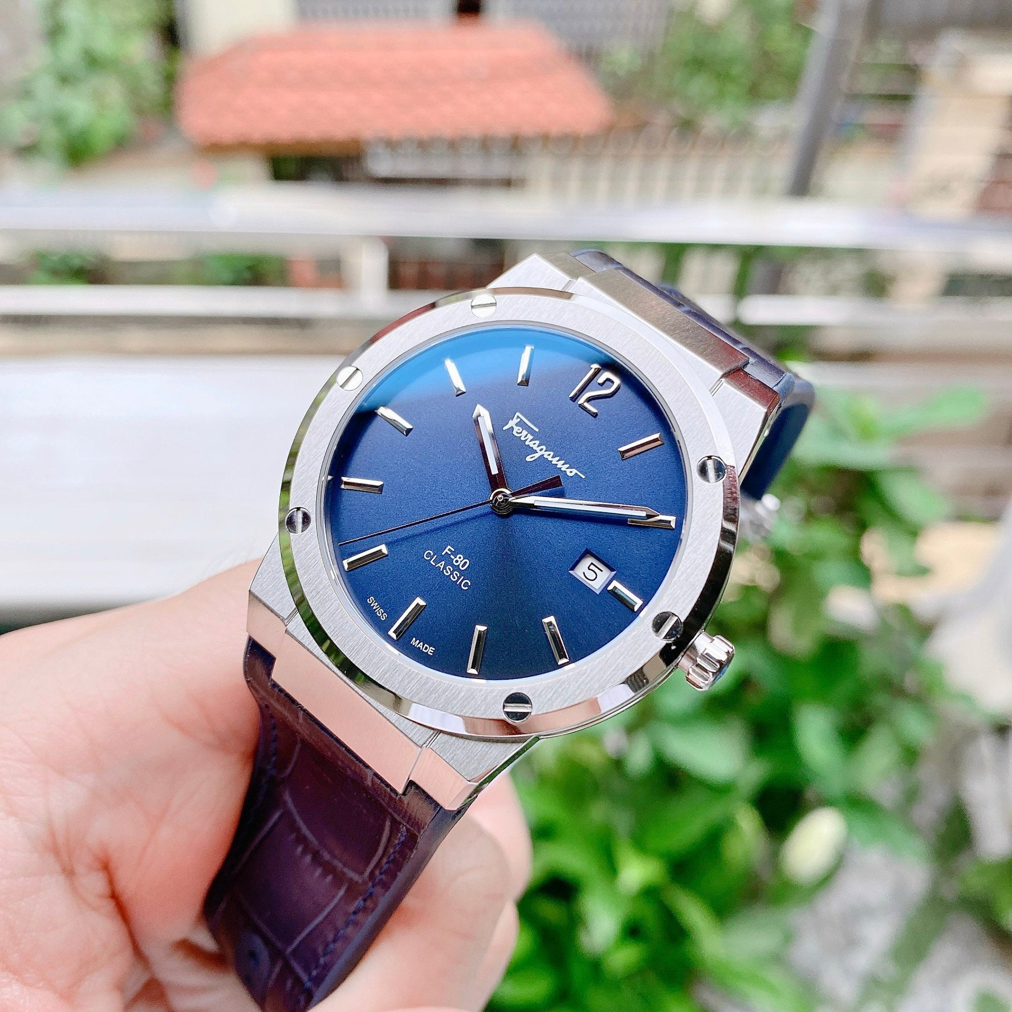 Salvatore Ferragamo F-80 Classic Blue Dial Blue Leather Strap Watch for Men - SFDT00319 Watches Salvatore Ferragamo   