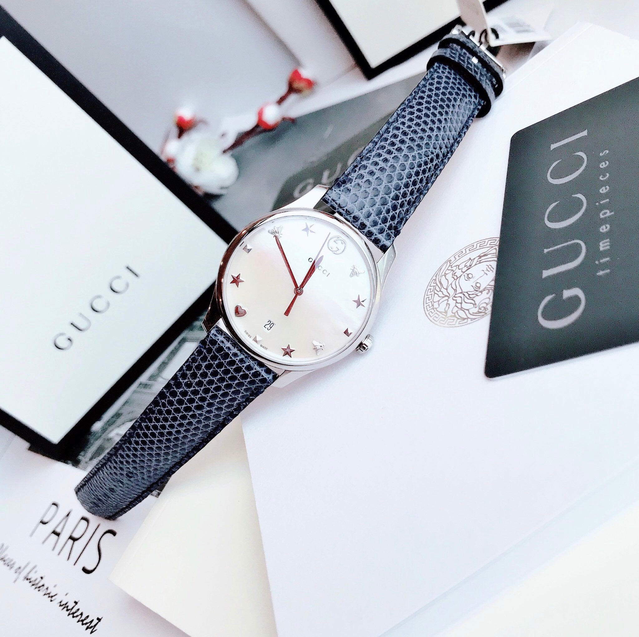 Gucci G-Timeless Signature Mother of Pearl Silver Dial Blue Leather Strap Watch For Women - YA1264049 Watches Gucci   