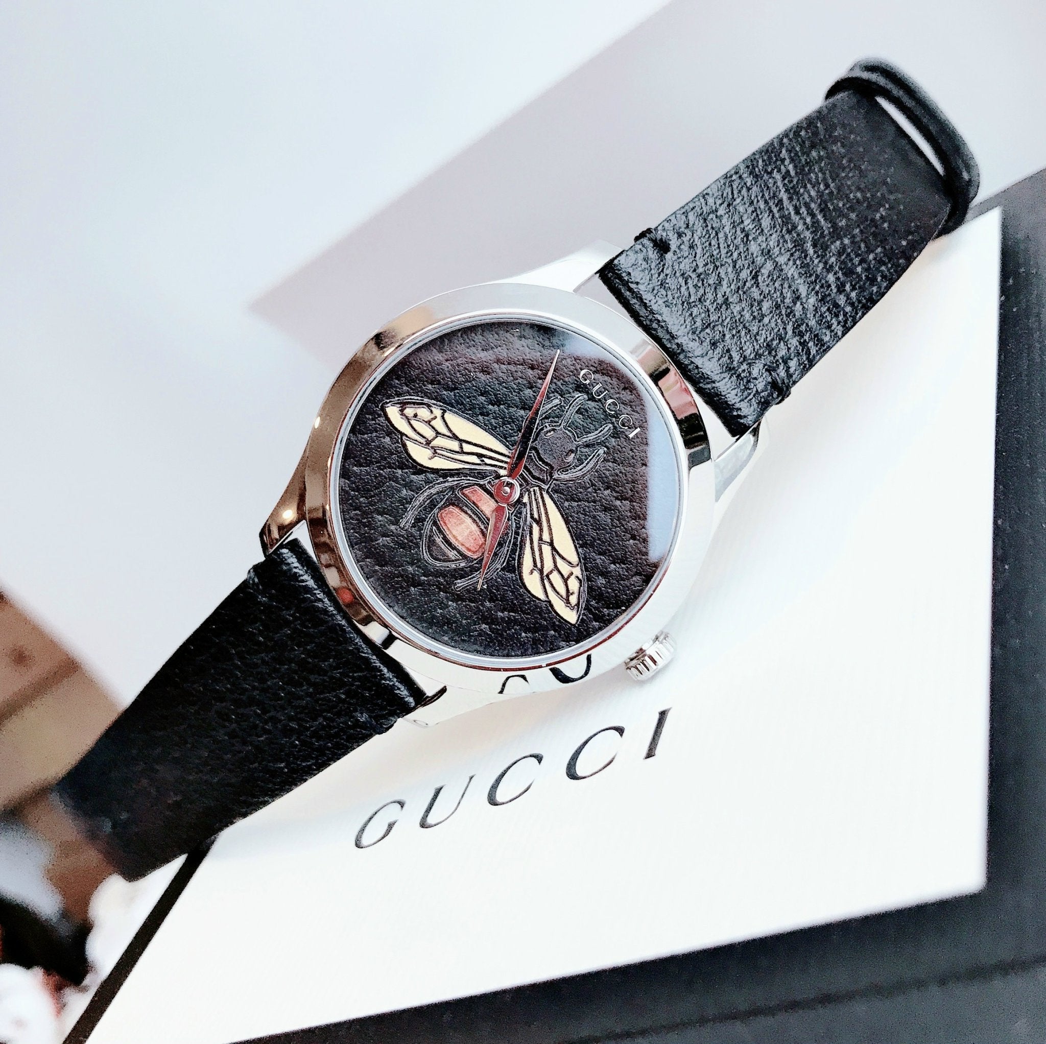 Gucci G Timeless Bee Black Dial Black Leather Watch For Women - YA1264067 Watches Gucci   