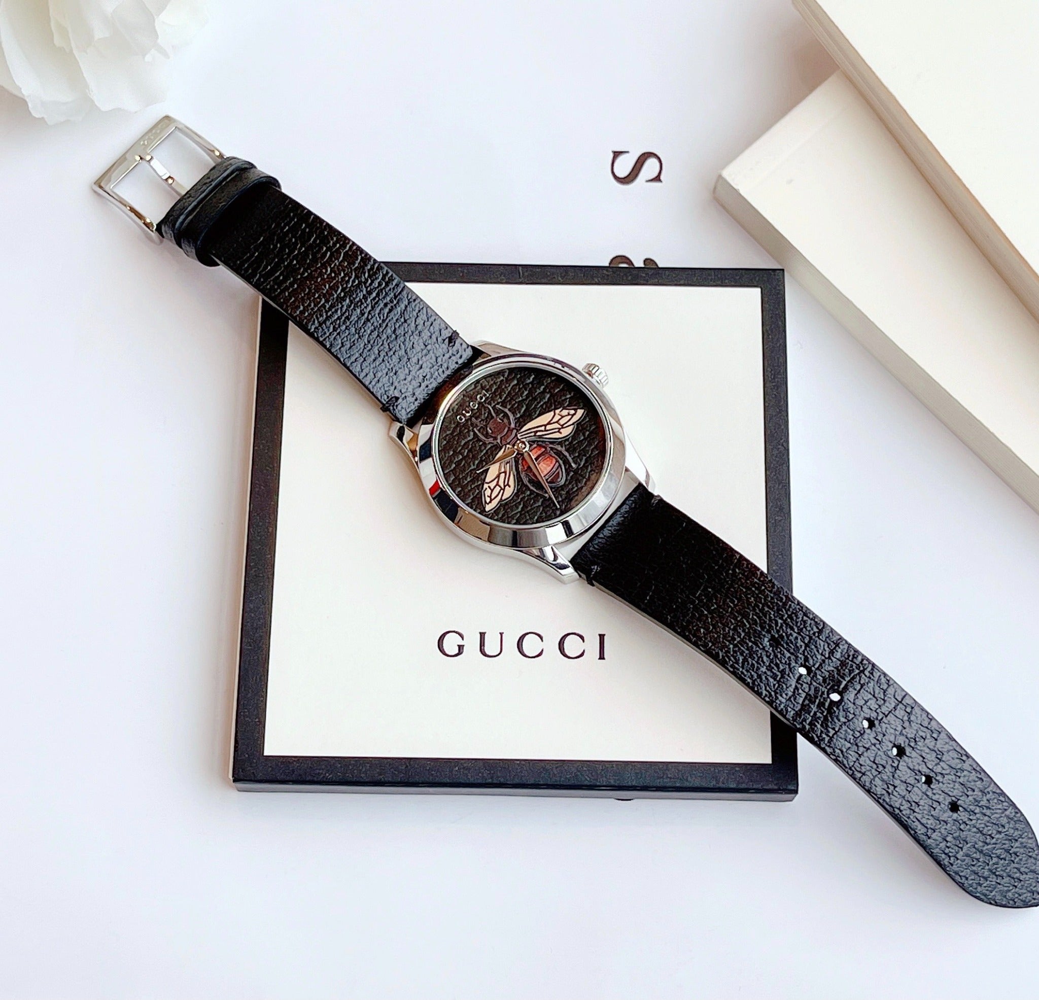 Gucci G Timeless Bee Black Dial Black Leather Watch For Women - YA1264067 Watches Gucci   