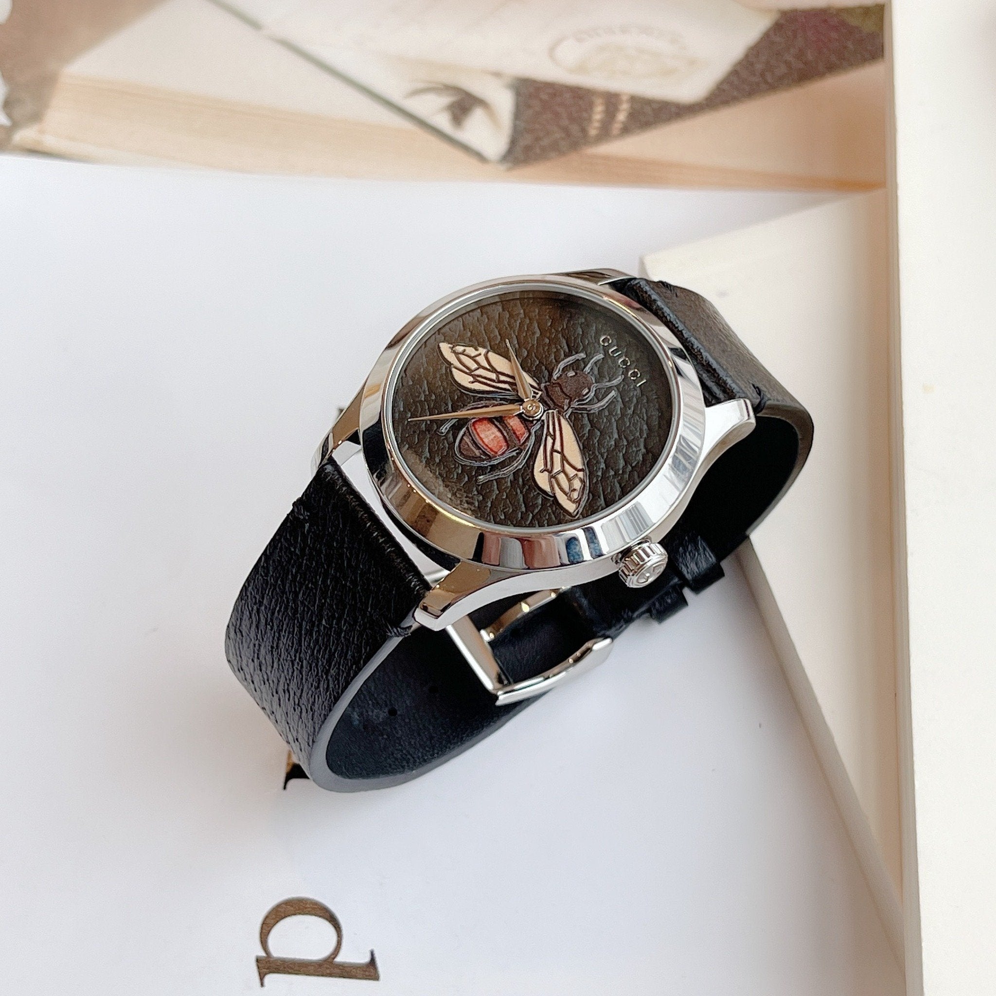 Gucci G Timeless Bee Black Dial Black Leather Watch For Women - YA1264067 Watches Gucci   