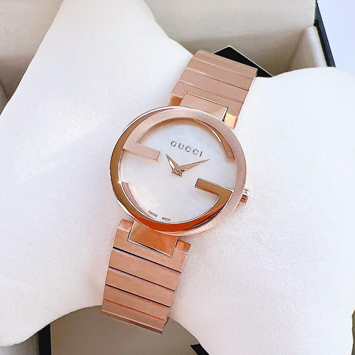 Gucci G Interlocking Mother of Pearl Dial Rose Gold Steel Strap Watch For Women - YA133515 Watches Gucci   