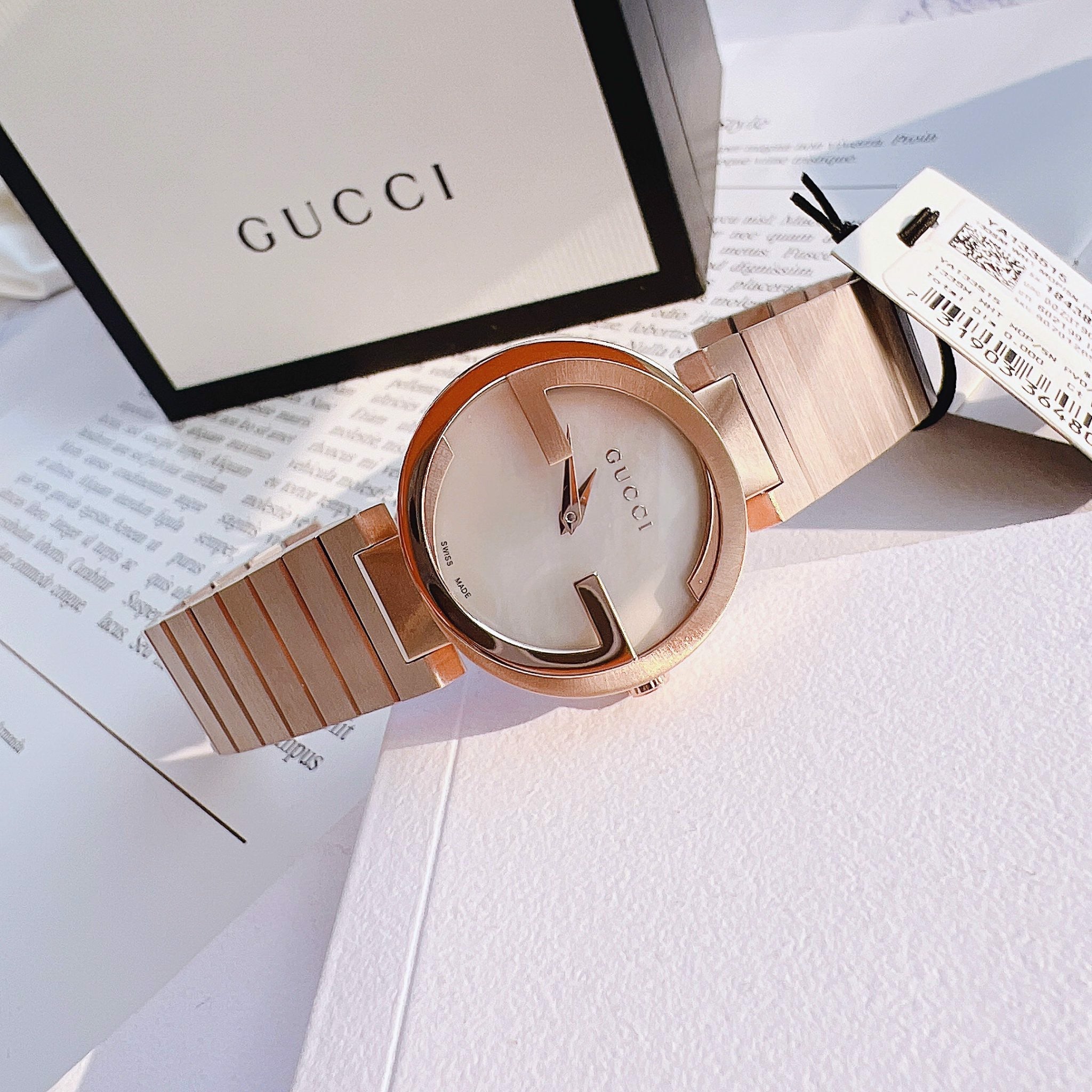 Gucci G Interlocking Mother of Pearl Dial Rose Gold Steel Strap Watch For Women - YA133515 Watches Gucci   