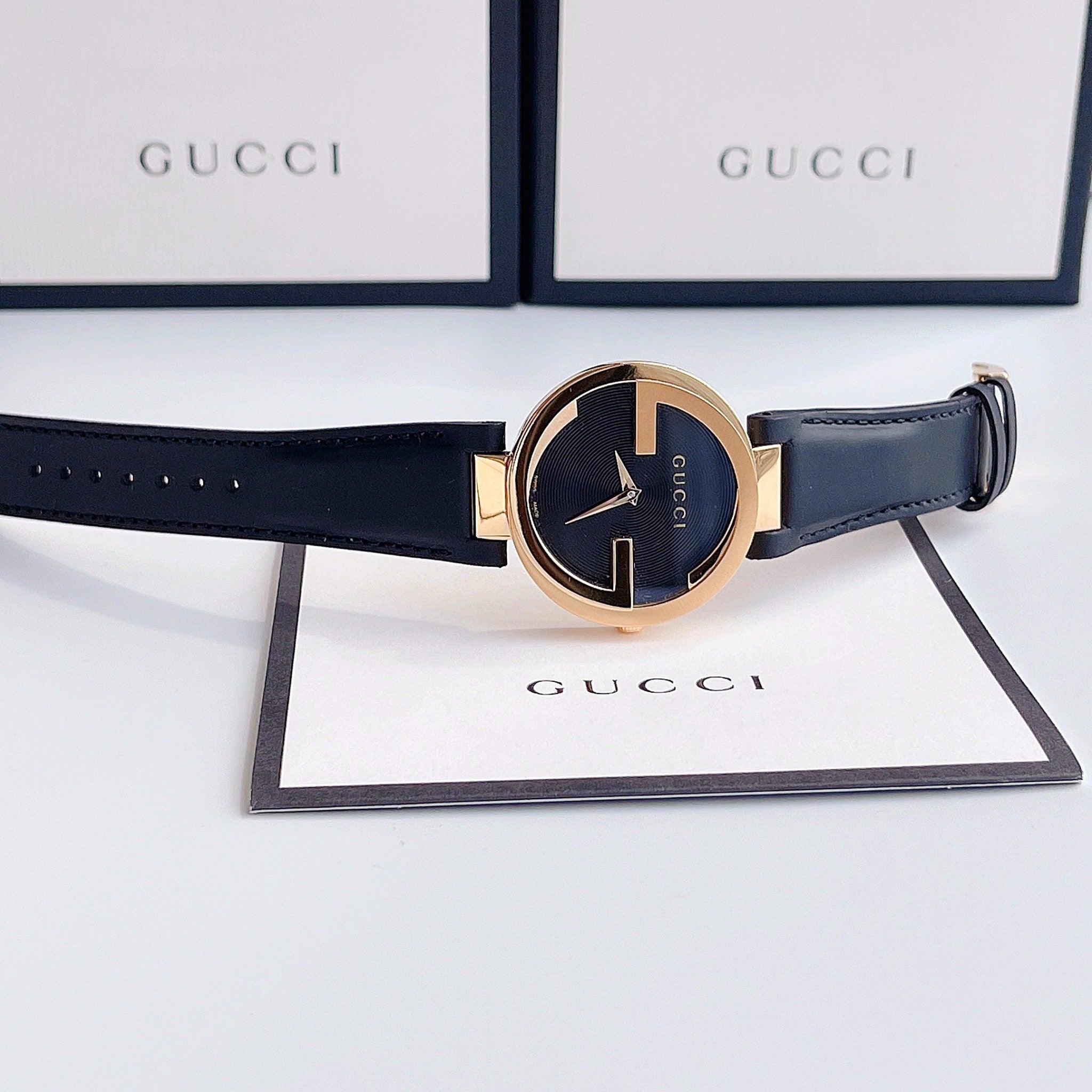 Gucci Interlocking G Gold Black Dial Black Leather Strap Unisex Watch - YA133326 Watches Gucci   