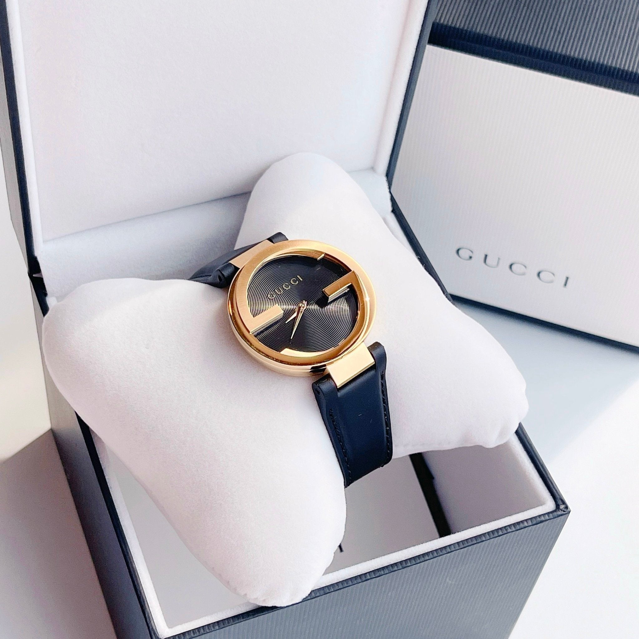 Gucci Interlocking G Gold Black Dial Black Leather Strap Unisex Watch - YA133326 Watches Gucci   