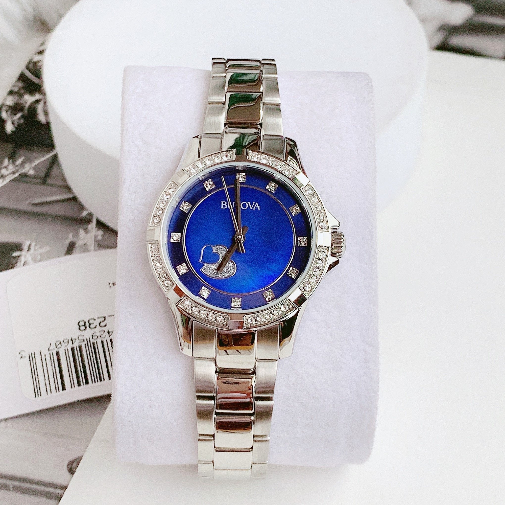 Bulova Crystal Collection Blue Mother of Pearl Dial Silver Steel Strap Watch for Women - 96L238 Watches Bulova   