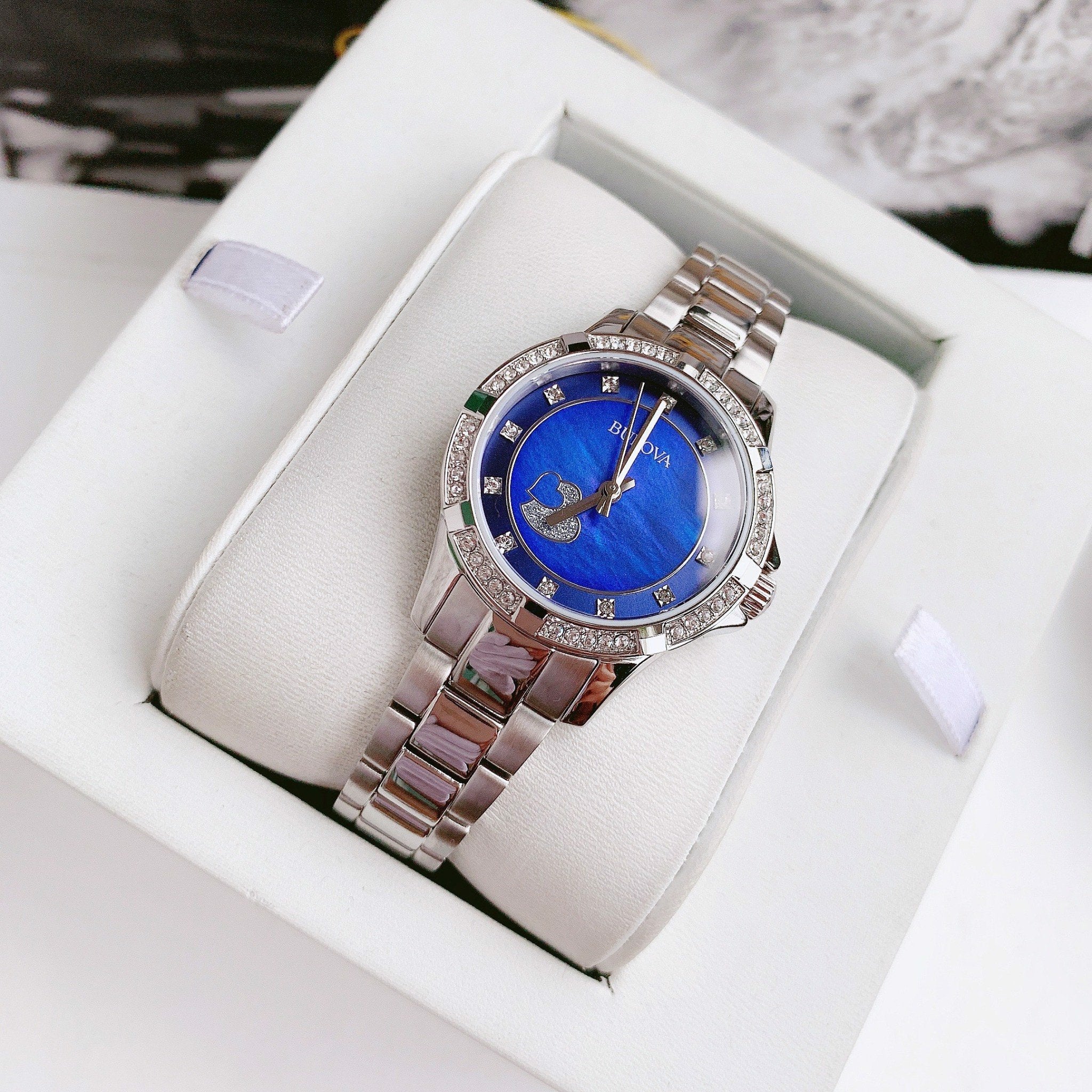 Bulova Crystal Collection Blue Mother of Pearl Dial Silver Steel Strap Watch for Women - 96L238 Watches Bulova   