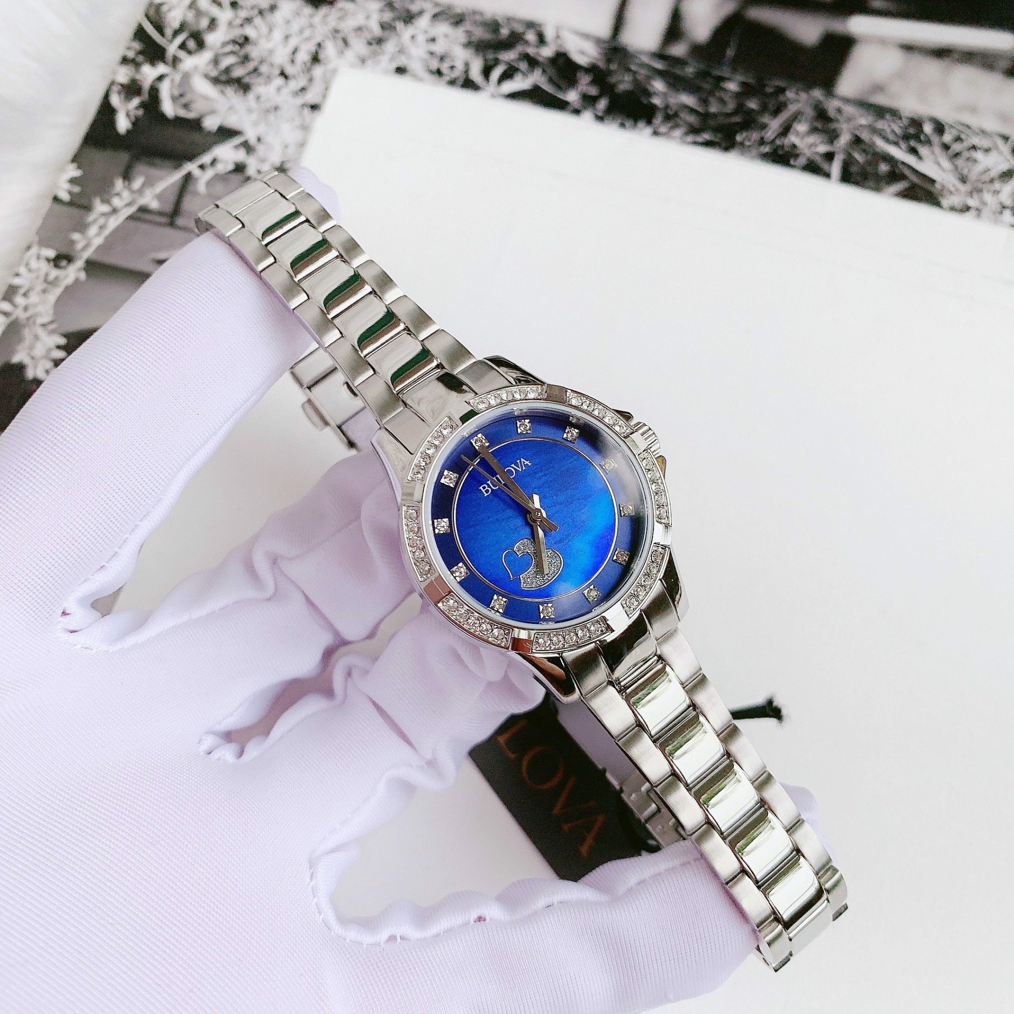 Bulova Crystal Collection Blue Mother of Pearl Dial Silver Steel Strap Watch for Women - 96L238 Watches Bulova   