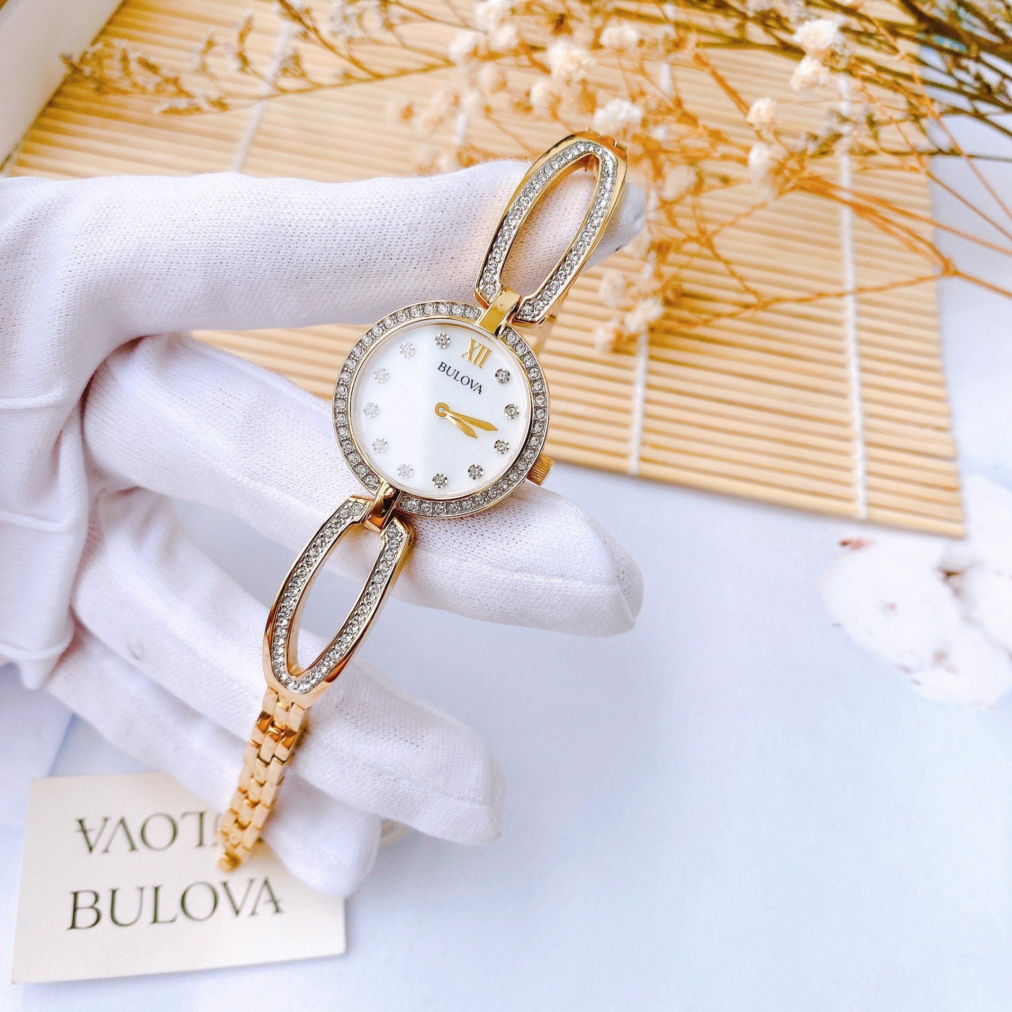 Bulova Crystal Collection Mother of Pearl Dial Gold Steel Strap Watch for Women - 98L225 Watches Bulova   