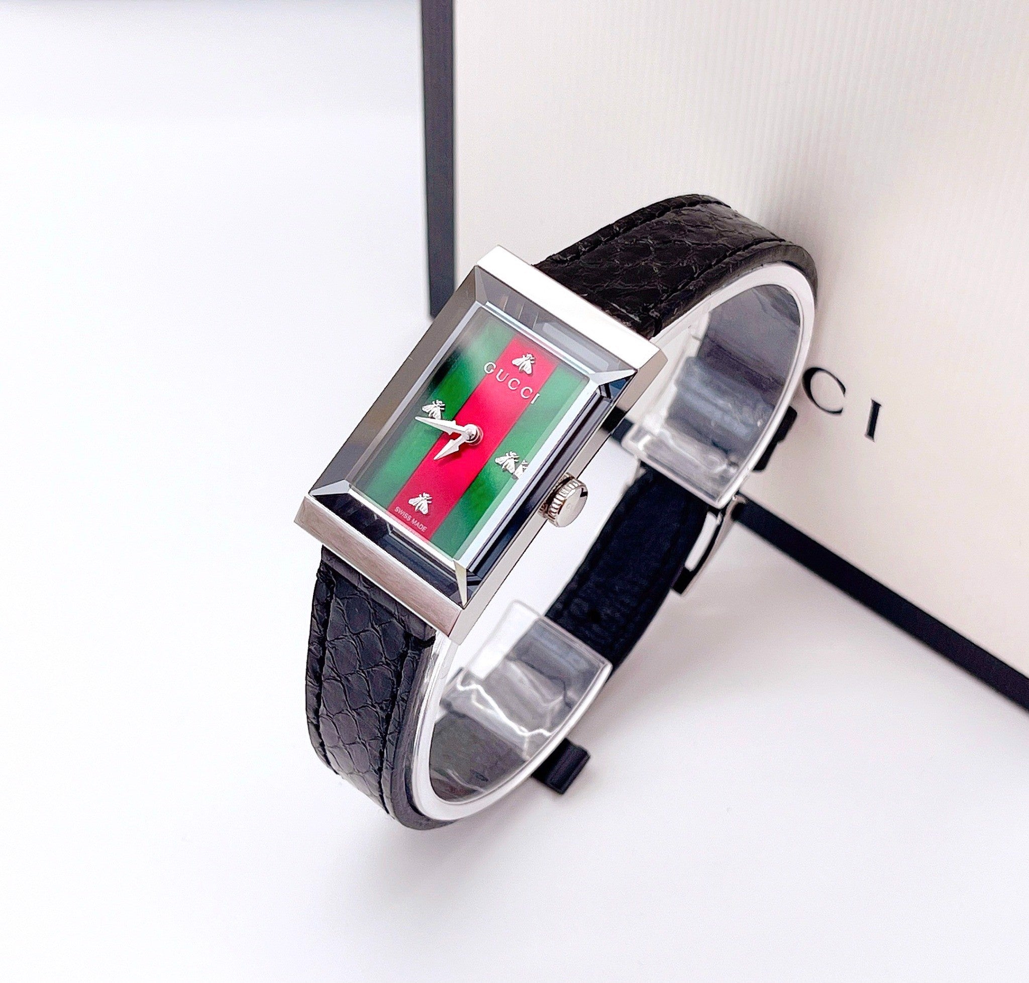 Gucci G-Frame Mother of Pearl Green & Red Dial Black Leather Strap Watch For Women - YA147403 Watches Gucci   