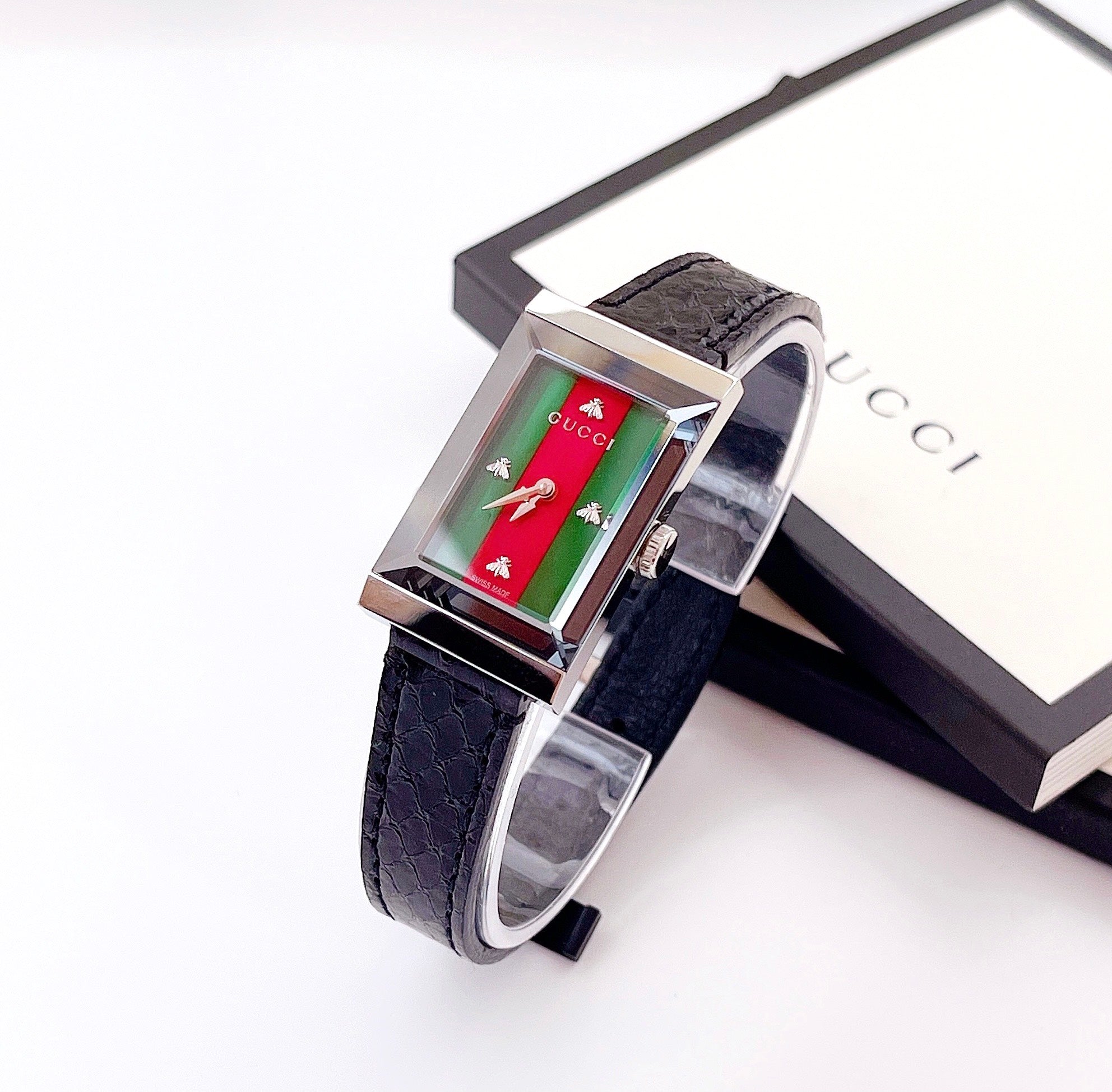 Gucci G-Frame Mother of Pearl Green & Red Dial Black Leather Strap Watch For Women - YA147403 Watches Gucci   