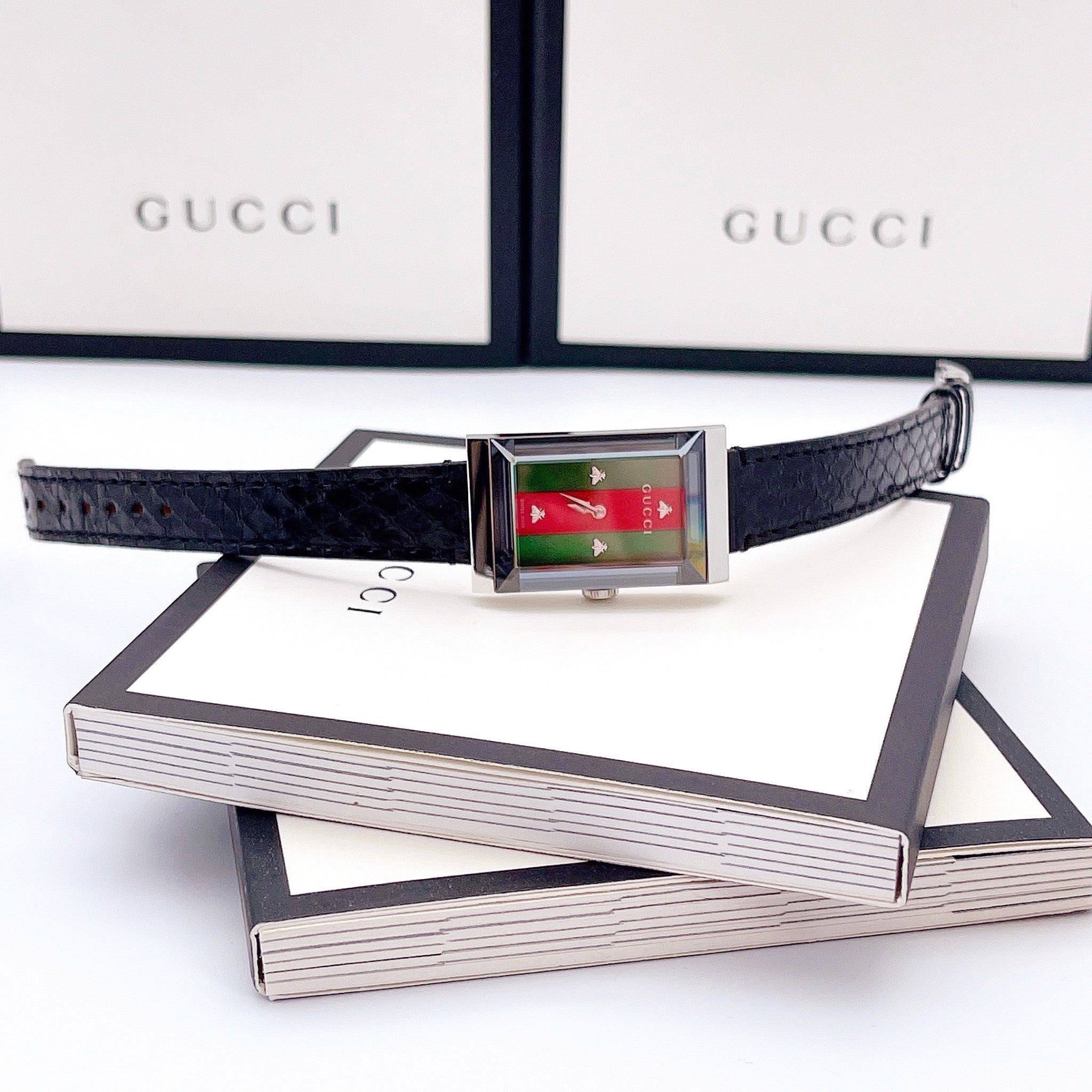 Gucci G-Frame Mother of Pearl Green & Red Dial Black Leather Strap Watch For Women - YA147403 Watches Gucci   