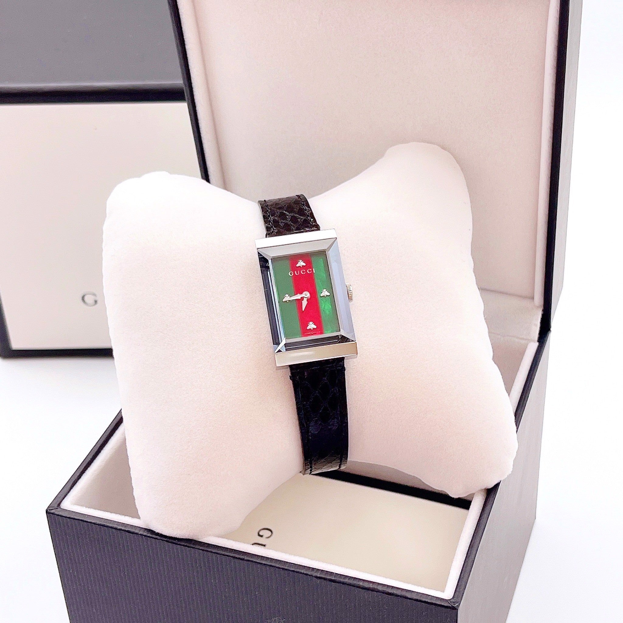 Gucci G-Frame Mother of Pearl Green & Red Dial Black Leather Strap Watch For Women - YA147403 Watches Gucci   