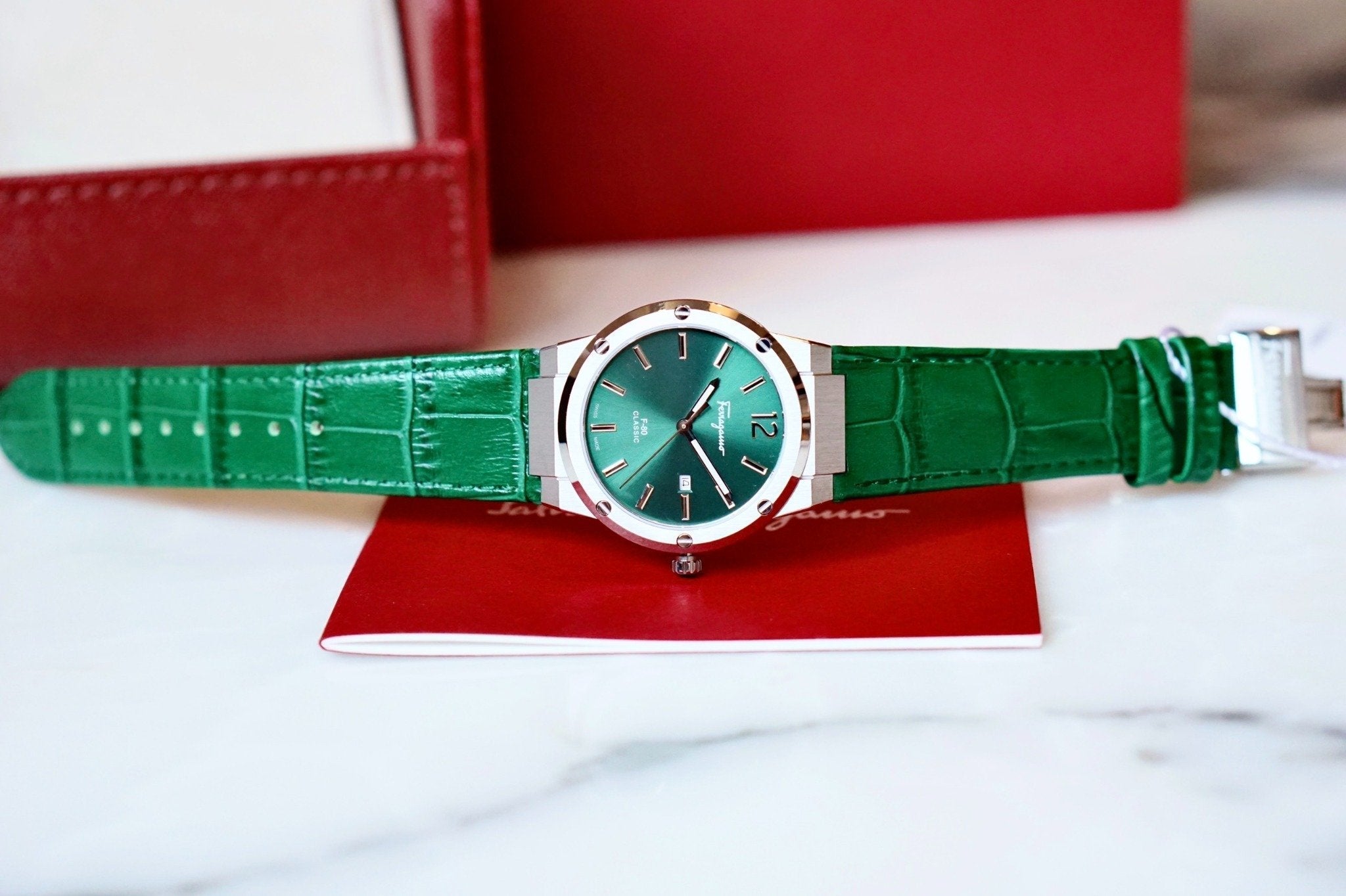 Salvatore Ferragamo F-80 Classic Green Dial Green Leather Strap Watch for Men - SFDT00519 Watches Salvatore Ferragamo   