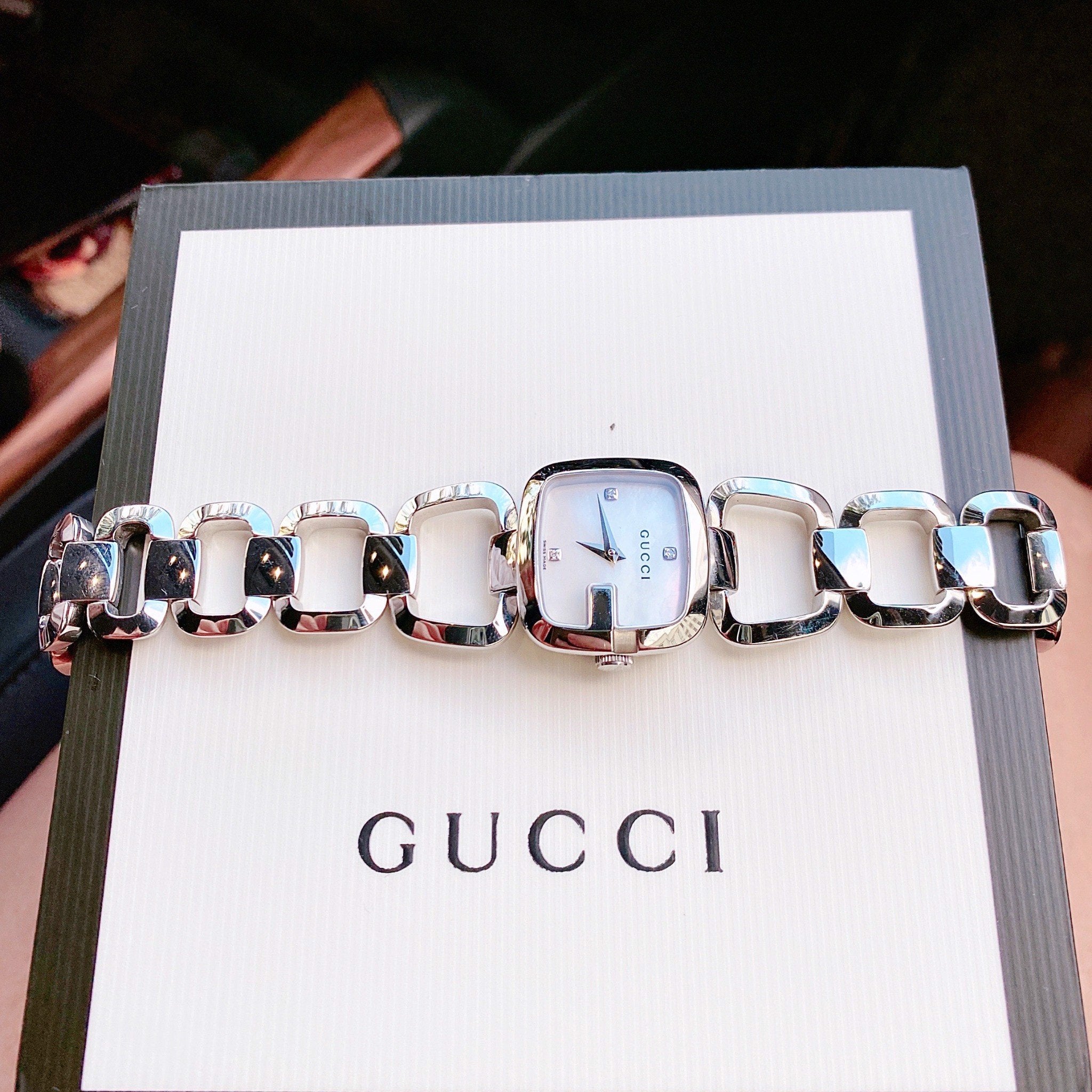 Gucci G Gucci Diamond Mother of Pearl Dial Silver Steel Strap Watch For Women - YA125502 Watches Gucci   