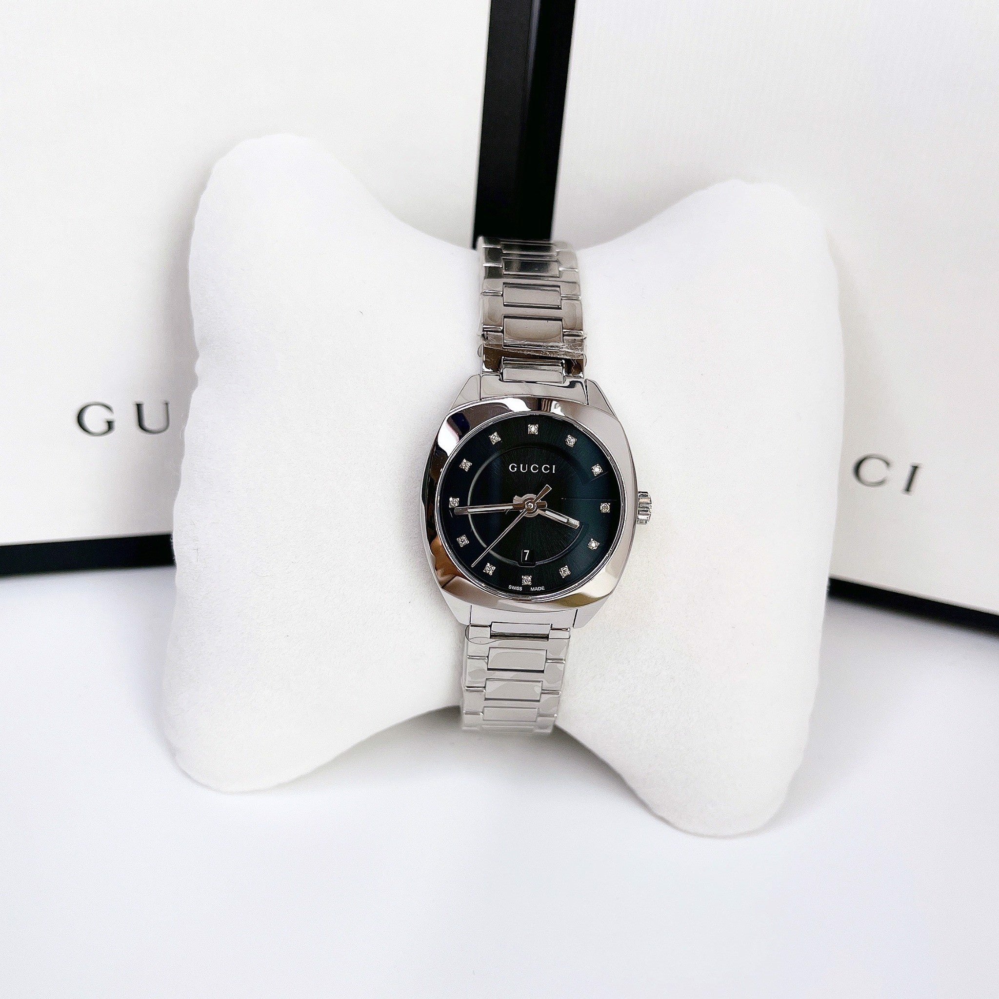 Gucci GG2570 Diamonds Black Dial Silver Steel Strap Watch For Women - YA142404 Watches Gucci   