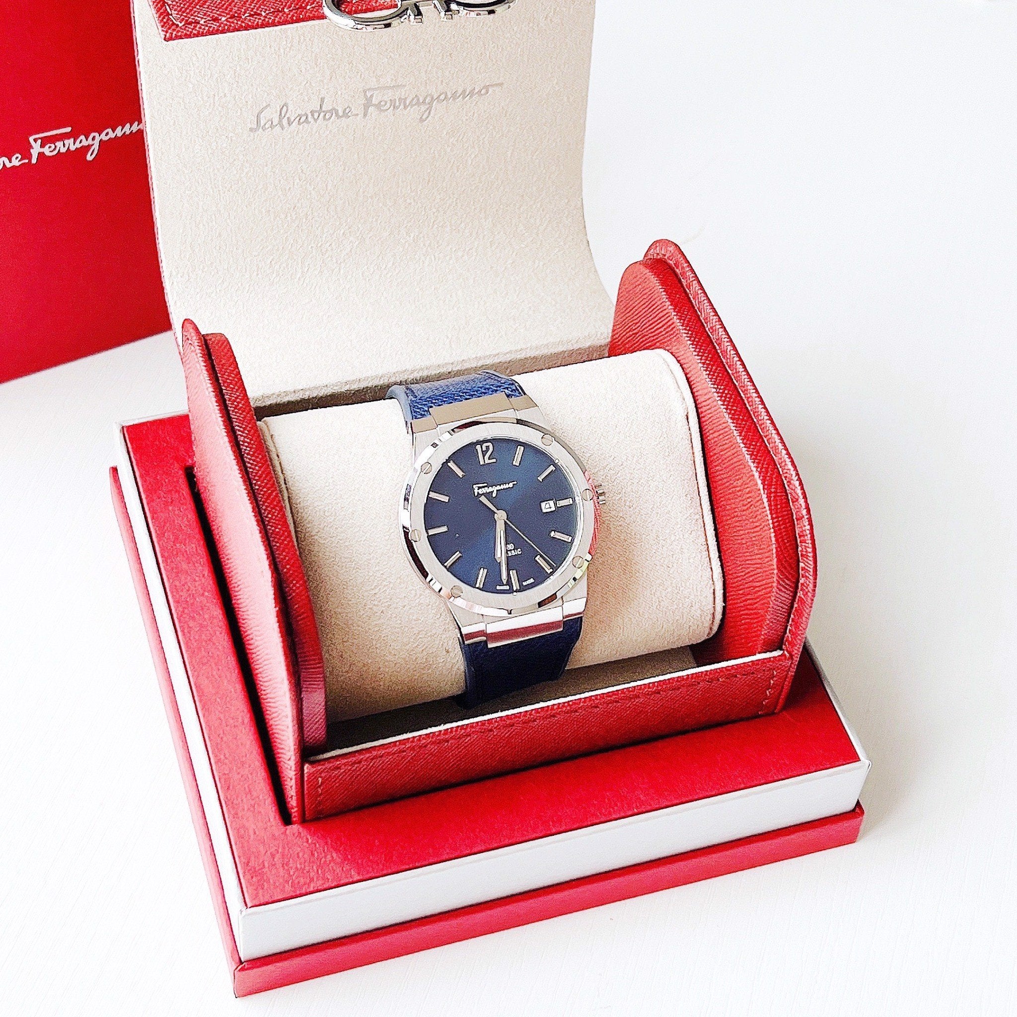 Salvatore Ferragamo F-80 Classics Blue Dial Blue Leather Strap Watch for Men - SFDT00719 Watches Salvatore Ferragamo   