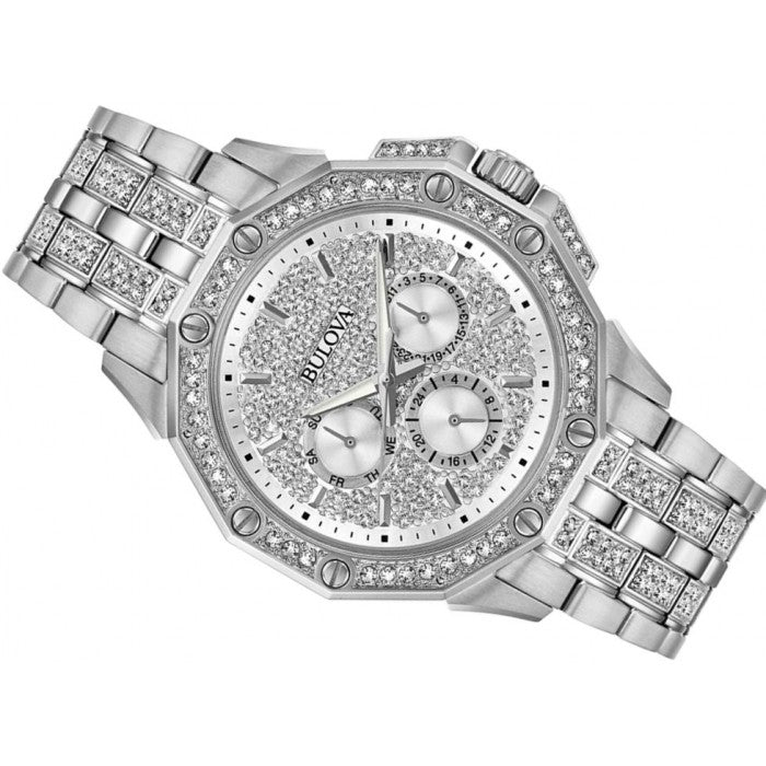 Bulova Crystal Collection Pave Silver Dial with Crystals Silver Steel Strap Watch for Men - 96C134 Watches Bulova   