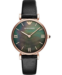 Emporio Armani Gianni T Bar Black Mother of Pearl Dial Black Leather Strap Watch For Women - AR11060 Watches Emporio Armani   