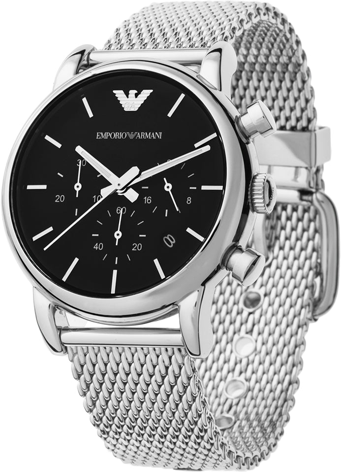 Emporio Armani Luigi Chronograph Black Dial Silver Mesh Bracelet Watch For Men - AR1811 Watches Emporio Armani   