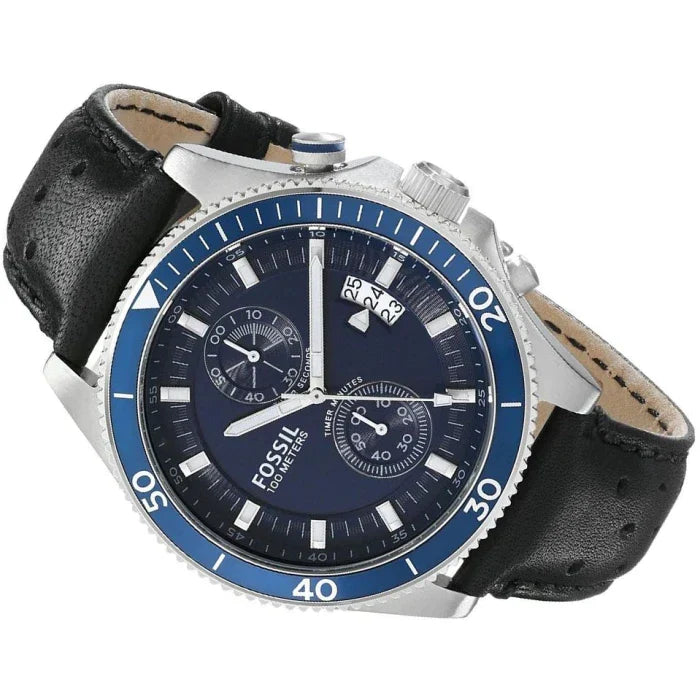 Fossil Wakefield Chronograph Blue Dial Black Leather Strap Watch for Women - CH2945 Watches Fossil   