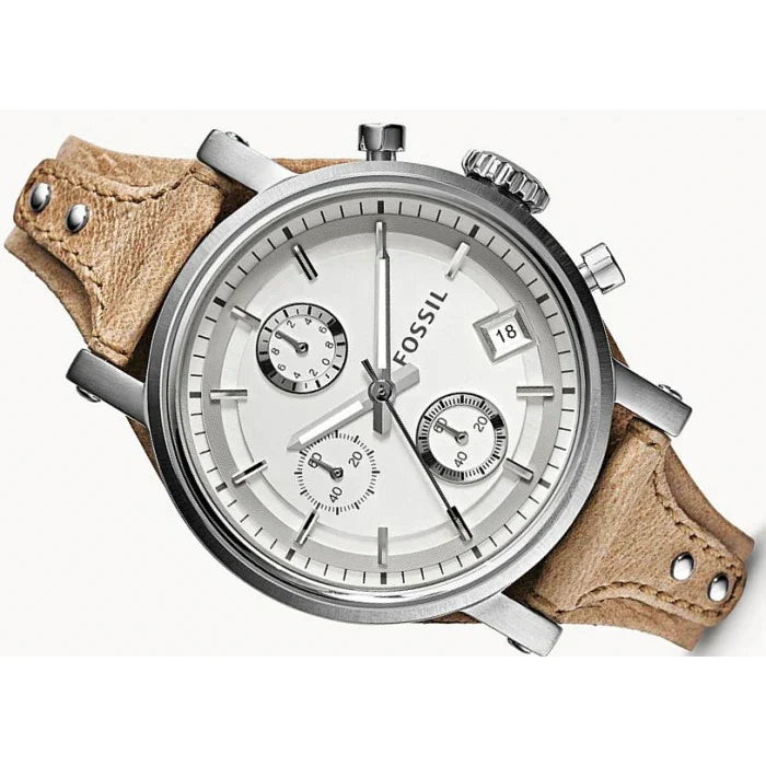 Fossil Boyfriend Chronograph White Dial Brown Leather Strap Watch for Women - ES3625 Watches Fossil   