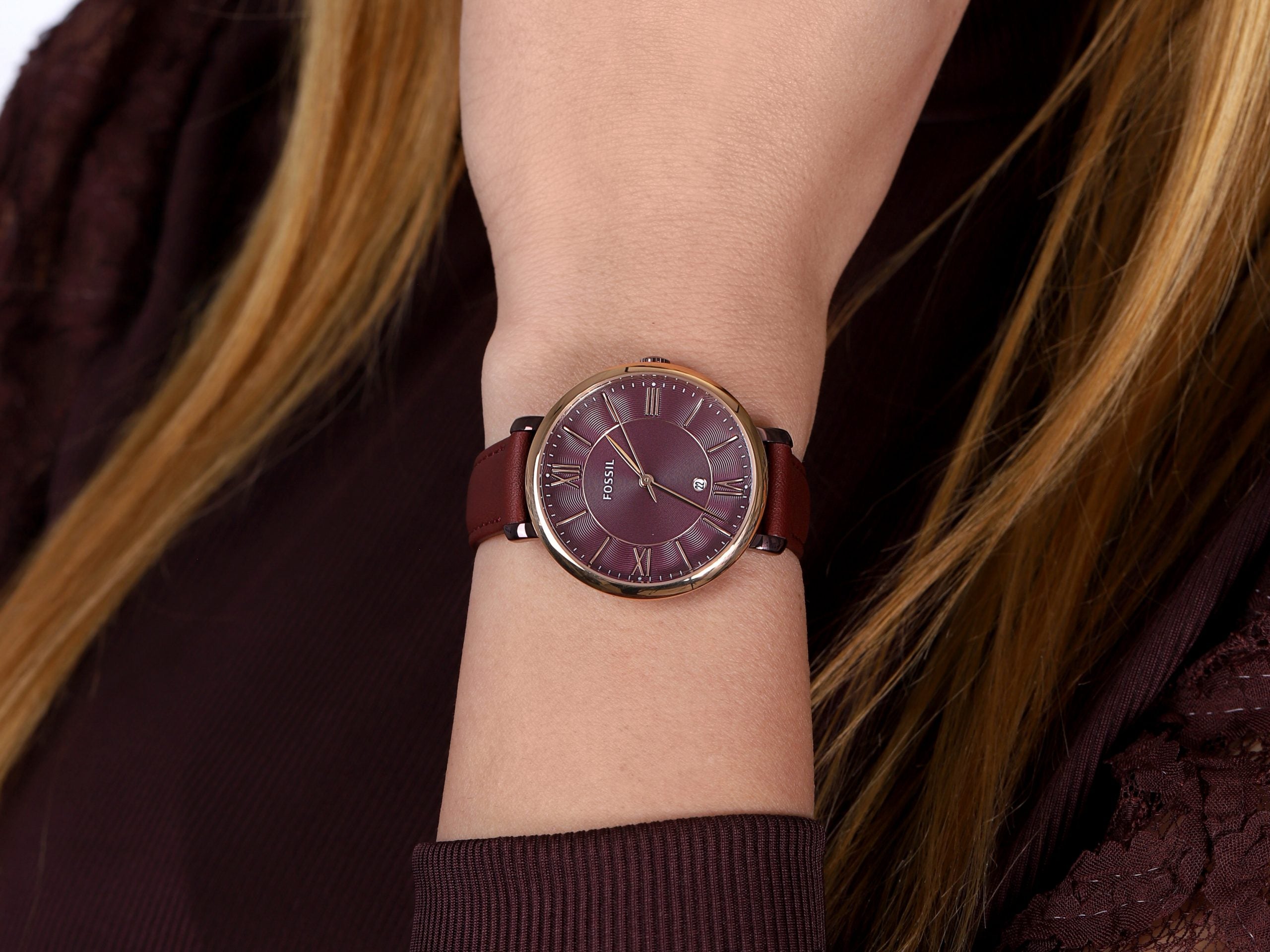 Fossil Jacqueline Burgundy Dial Burgundy Leather Strap Watch for Women  - ES4099 Watches Fossil   