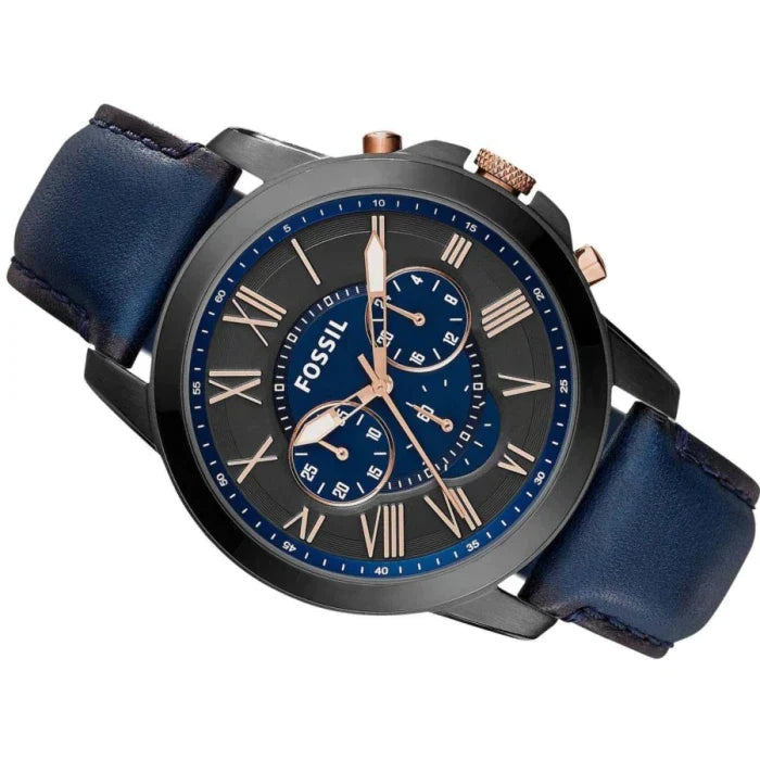 Fossil Grant Chronograph Black Dial Blue Leather Strap Watch for Men - FS5061 Watches Fossil   