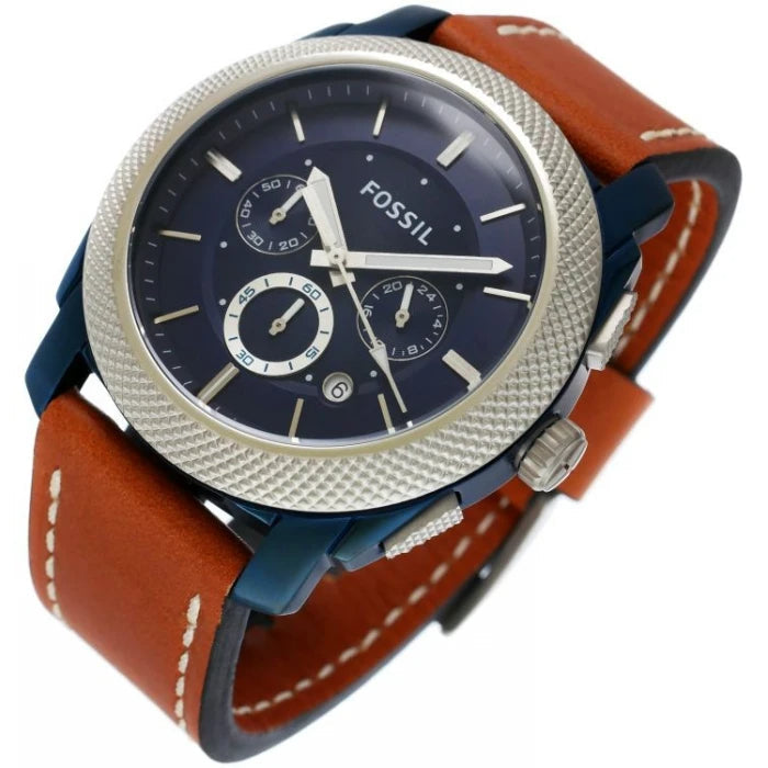 Fossil Machine Chronograph Blue Dial Brown Leather Strap Watch for Men - FS5232 Watches Fossil   