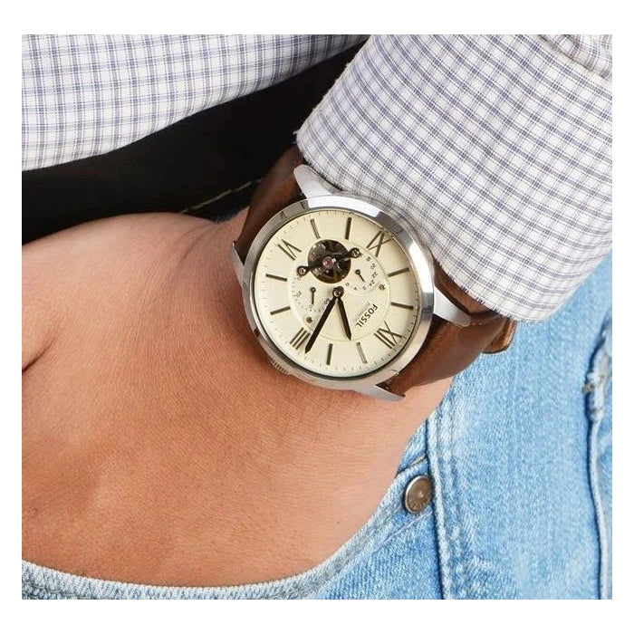 Fossil Townsman Automatic White Dial Brown Leather Strap Watch for Men - ME3064 Watches Fossil   