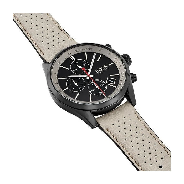 Hugo Boss Grand Prix Chronograph Black Dial Grey Leather Strap Watch for Men - 1513562 Watches Hugo Boss   