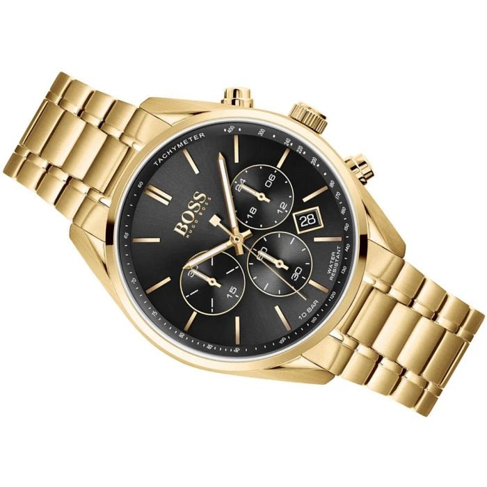 Hugo Boss Champion Black Dial Gold Steel Strap Watch for Men - 1513848 Watches Hugo Boss   