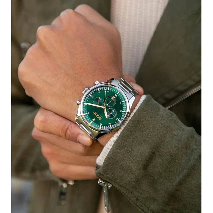 Hugo Boss Pioneer Green Dial Silver Steel Strap Watch for Men - 1513868 Watches Hugo Boss   