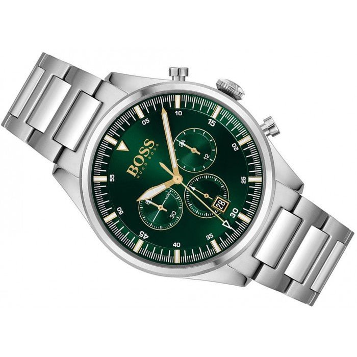 Hugo Boss Pioneer Green Dial Silver Steel Strap Watch for Men - 1513868 Watches Hugo Boss   