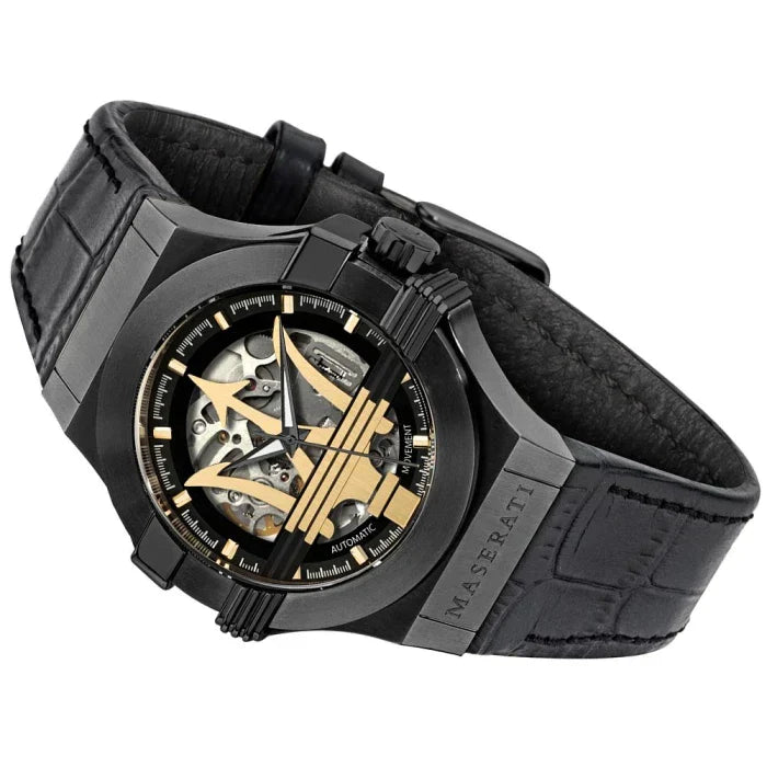 Maserati Potenza Skeleton Limited Edition Black Dial Black Leather Strap Watch For Men - R8821108027 Watches Maserati   