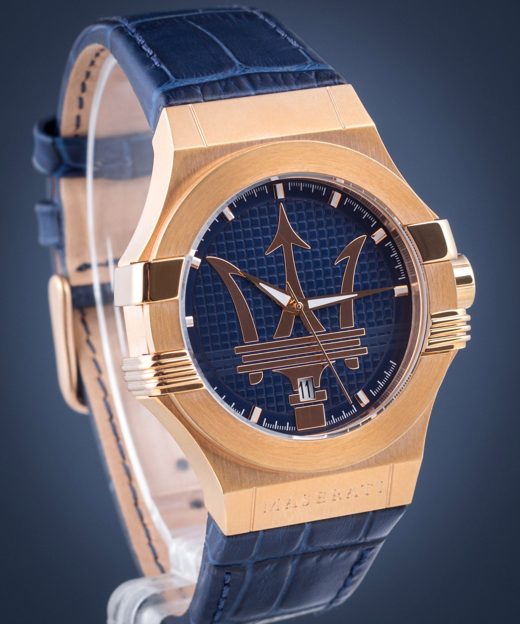 Maserati Potenza 42mm Rose Gold & Blue Dial Blue Leather Strap Watch For Men - R8851108027 Watches Maserati   