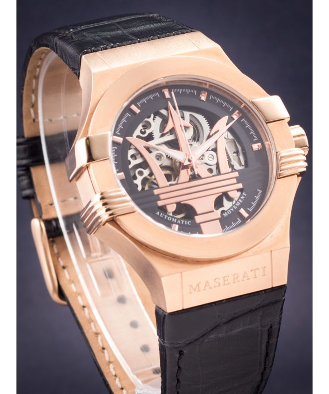 Maserati Potenza Automatic Rose Gold Dial Black Leather Strap Watch For Men - R8821108002 Watches Maserati   