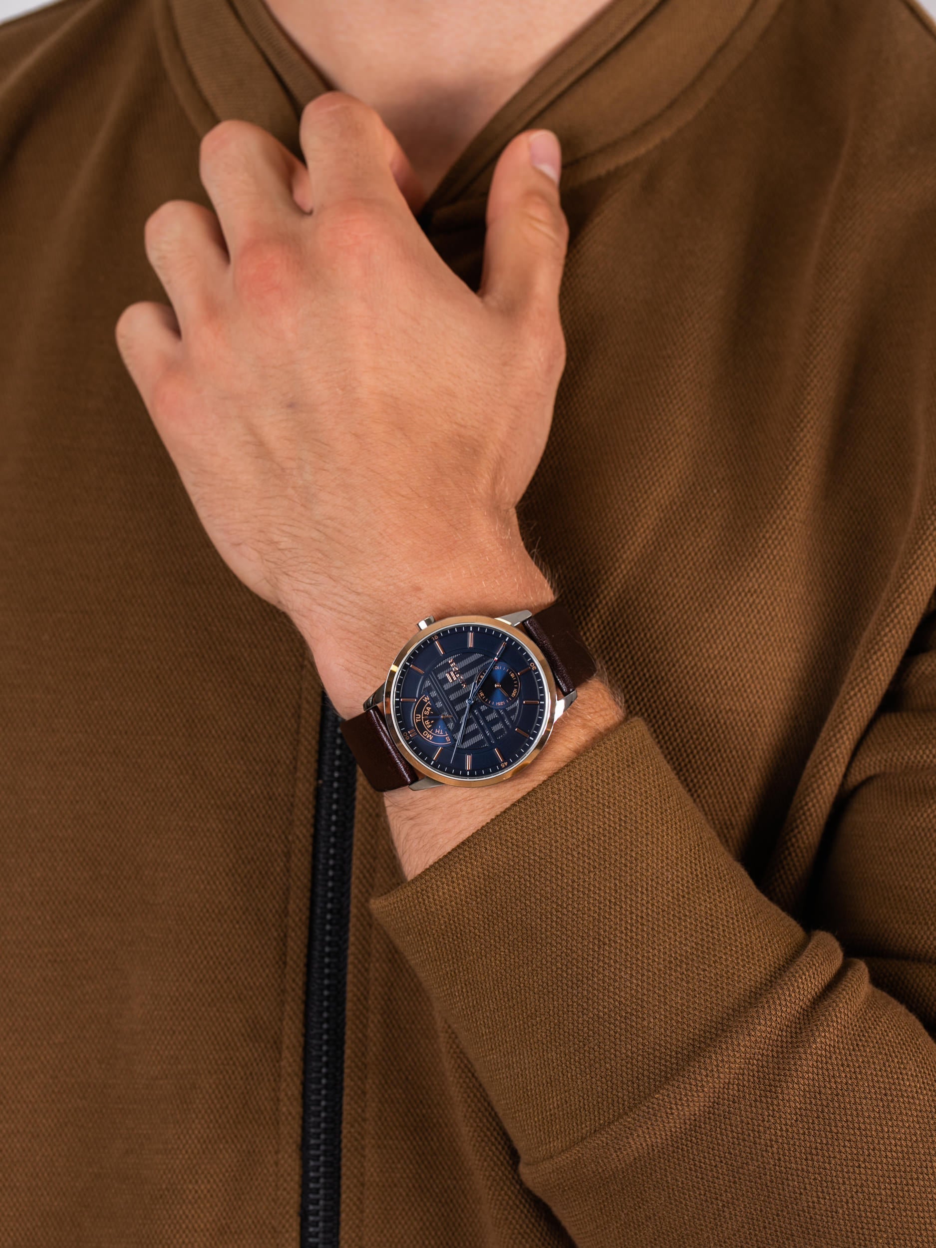 Tommy Hilfiger Hunter Blue Dial Brown Leather Strap Watch for Men - 1791605 Watches Tommy Hilfiger   