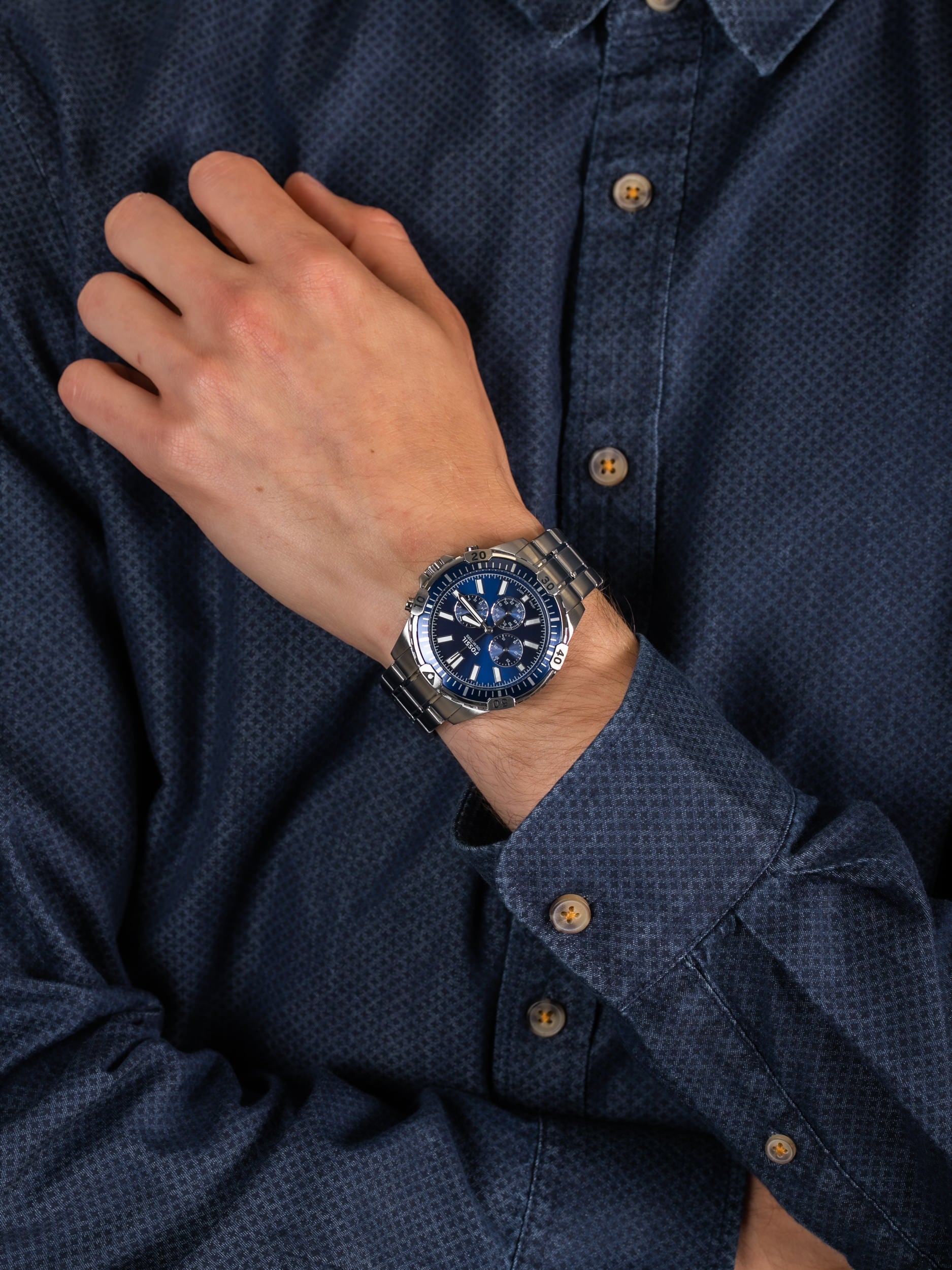 Fossil Garrett Chronograph Blue Dial Silver Steel Strap Watch for Men - FS5623 Watches Fossil   