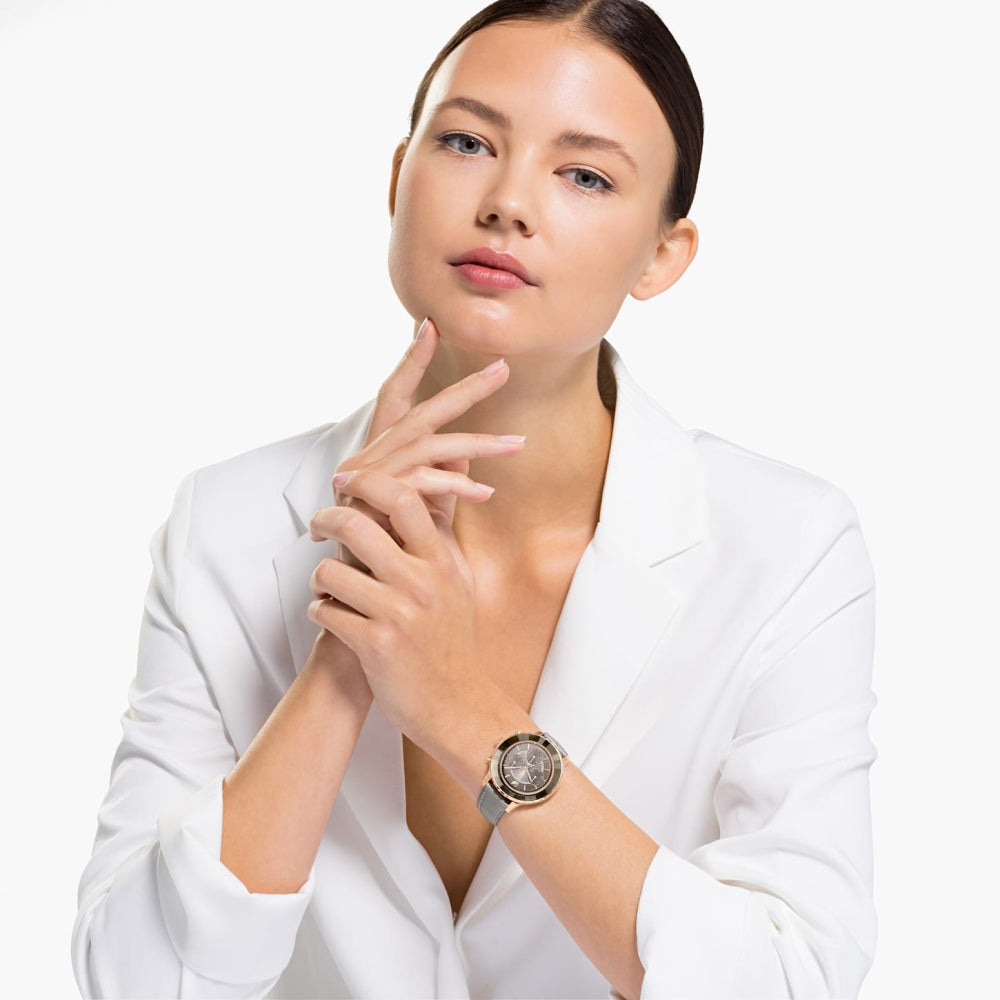 Swarovski Octea Lux Chrono Grey Dial Grey Leather Strap Watch for Women - 5452495 Watches Swarovski   